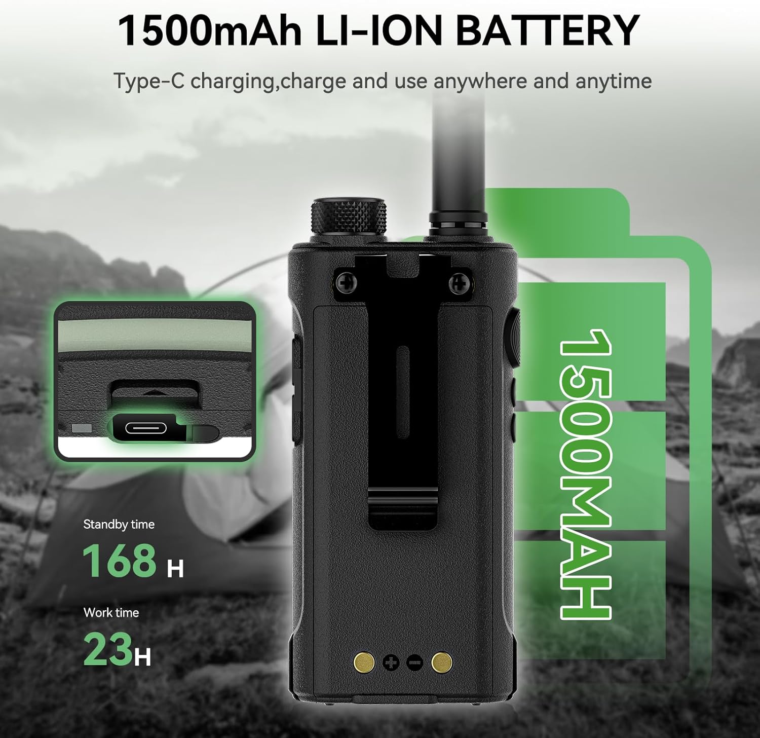 Image of the RB66P walkie-talkie highlighting its 1500mAh Li-ion battery, with details on standby time (168H) and work time (23H), and a Type-C charging port.