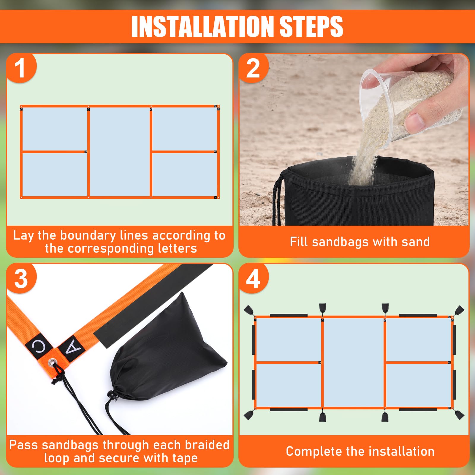 Kit de marquage de terrain de pickleball TOBWOLF, marqueurs de lignes temporaires portables avec ruban adhésif et 8 sacs de sable