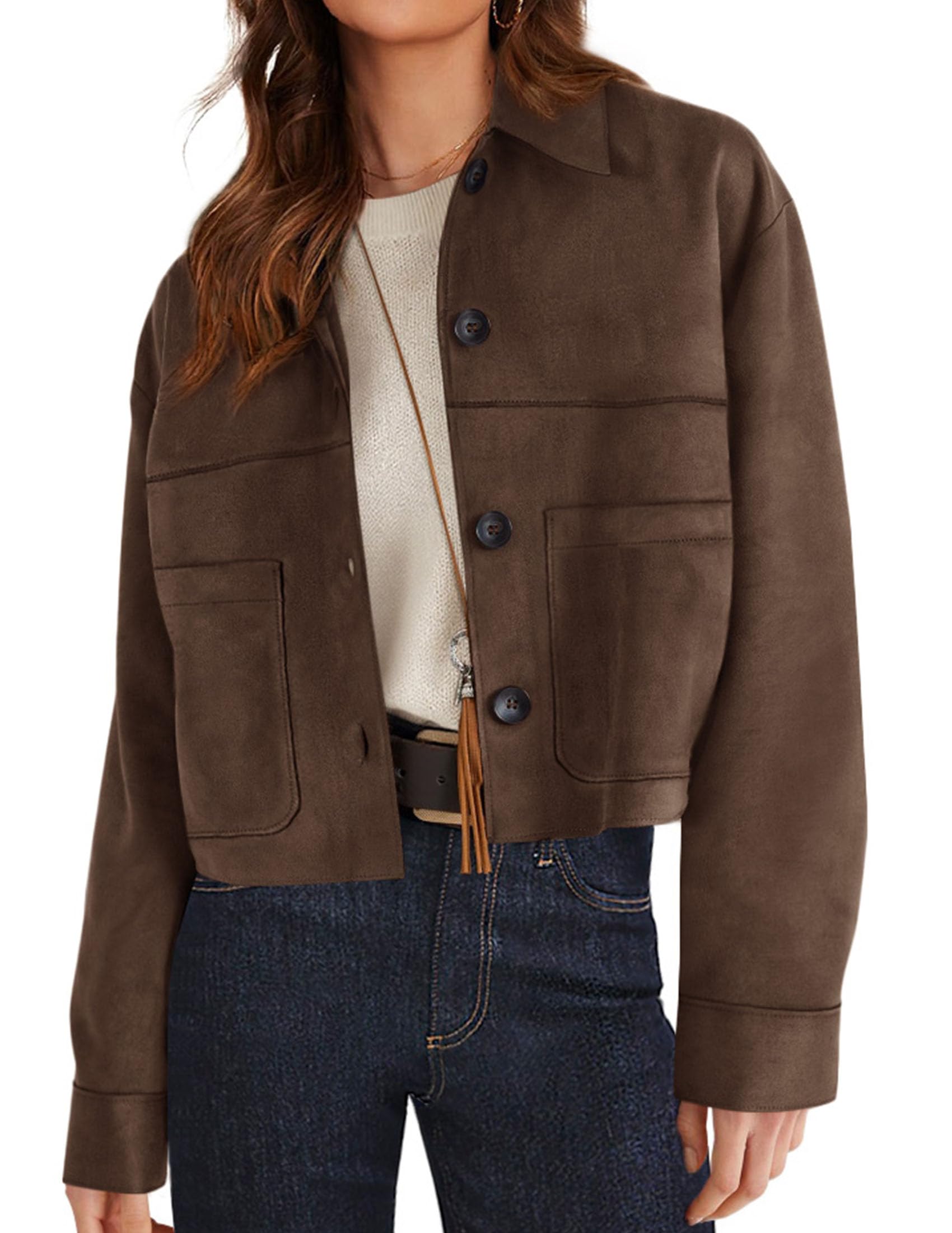 PRETTYGARDEN Womens Faux Suede Cropped Jacket Casual Lightweight Fall Fashion 2026 Winter Coats Outerwear Trendy Clothes