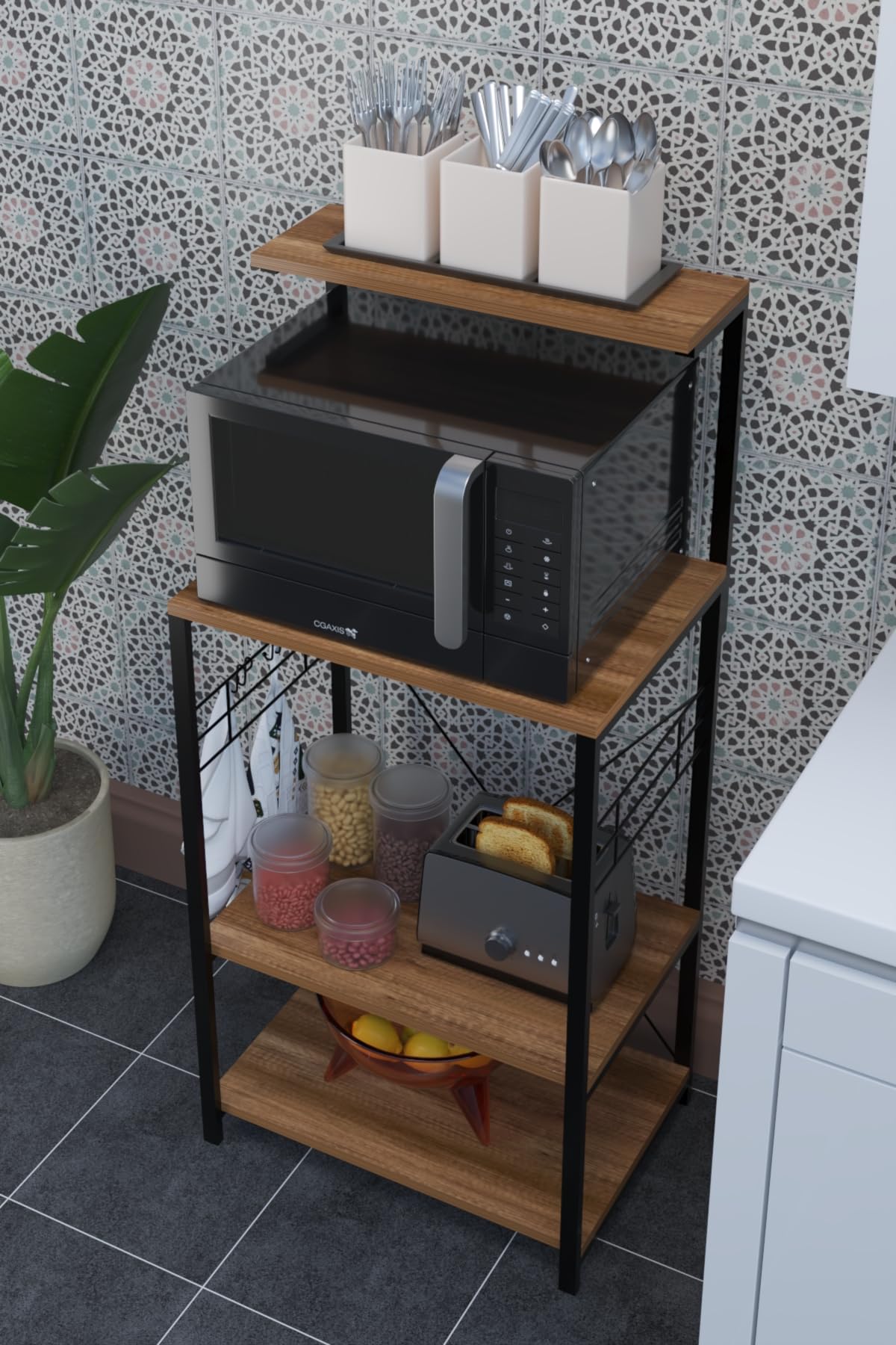 Mikrowellenschrank | Küchenschrank für Mikrowelle | Stilvoll | Modern | Multifunktionaler Küchenschrank | Freistehend | Küchenregal | 132 x 60 x 40 cm (Dunkles Walnussholz)