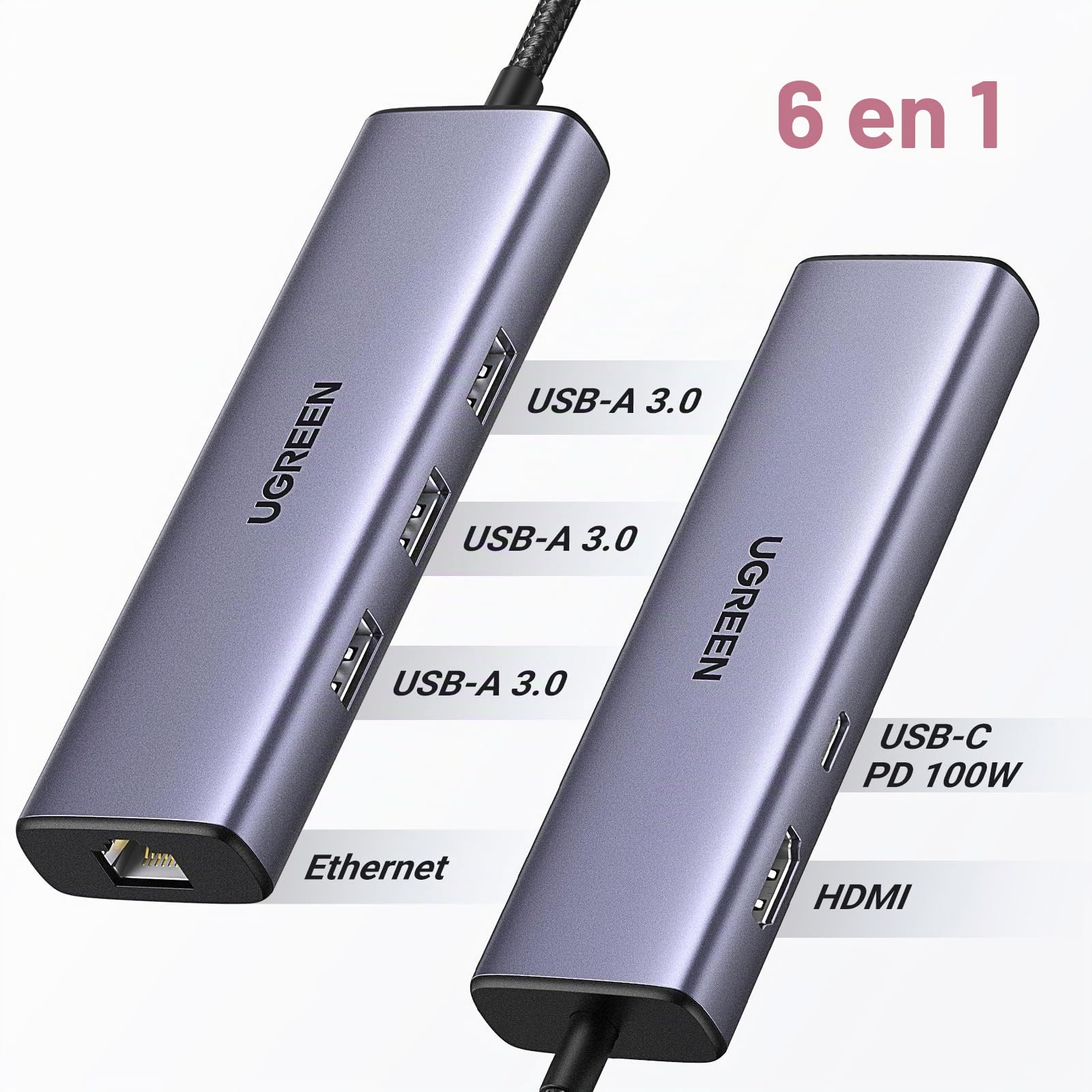 UGREEN Revodok 1061 Hub USB C Ethernet HDMI 4K PD 100W Charge 3 Data Ports 5Gbps Adaptateur RJ45 6 en 1 Docking Station Compatible MacBook iPad Pro Air Mac Mini M4 iPhone
