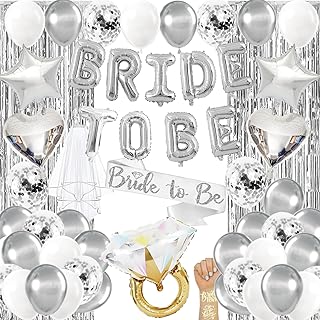 Bachelorette Party Decorations Silver Bridal Shower Decorations, Bride to Be Decorations with Bride to Be Sash, Veil, Balloons, Fringe Curtain, Temporary Tattoos