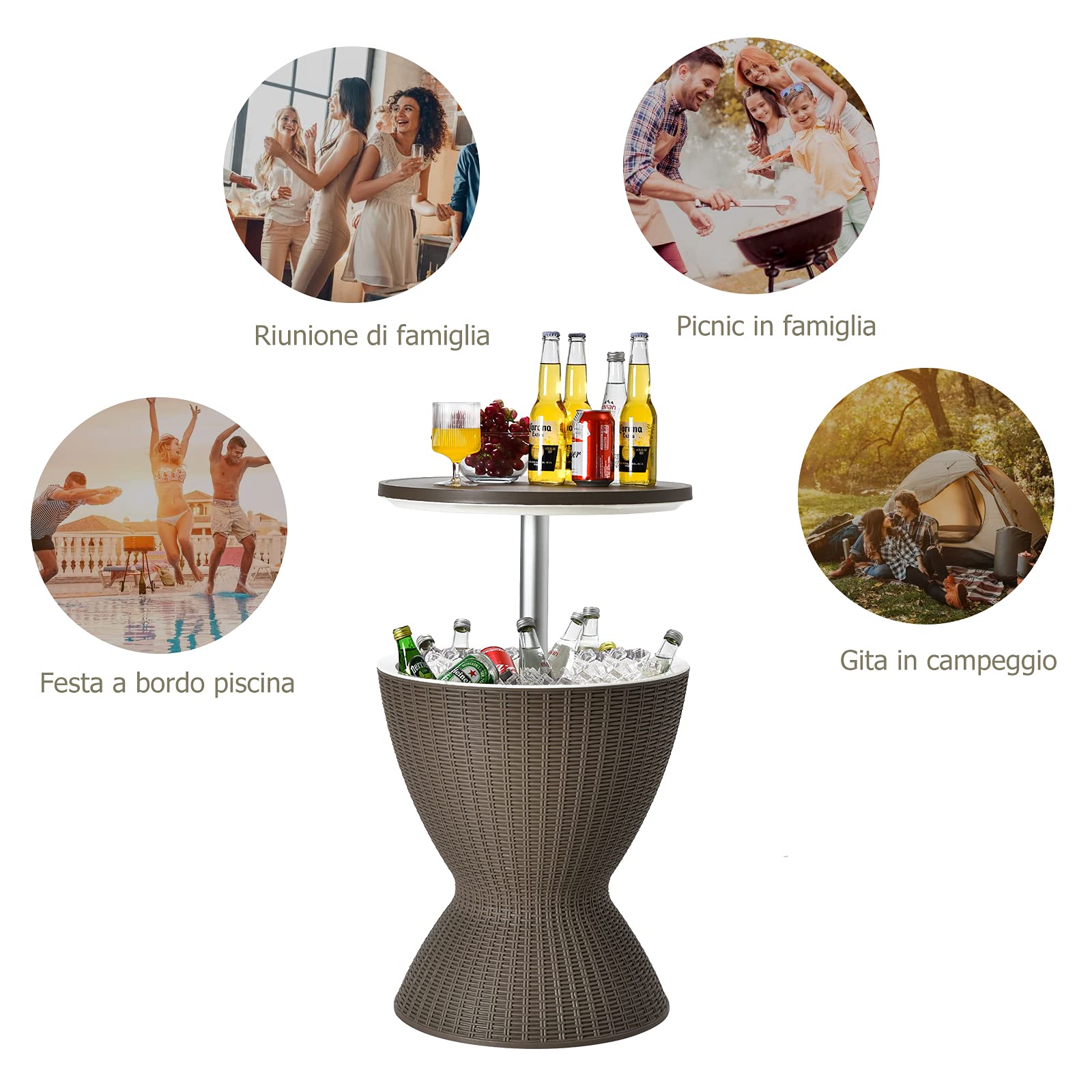 GOPLUS 30 L Portaghiaccio in Rattan, Tavolino Bar per Festa Estiva, Cool Birra/Bevande, Centro Regolabile da 57,5-82 cm, Contenitore di Ghiaccio, Ideale per Campeggio, Piscina Esterna(Marrone)