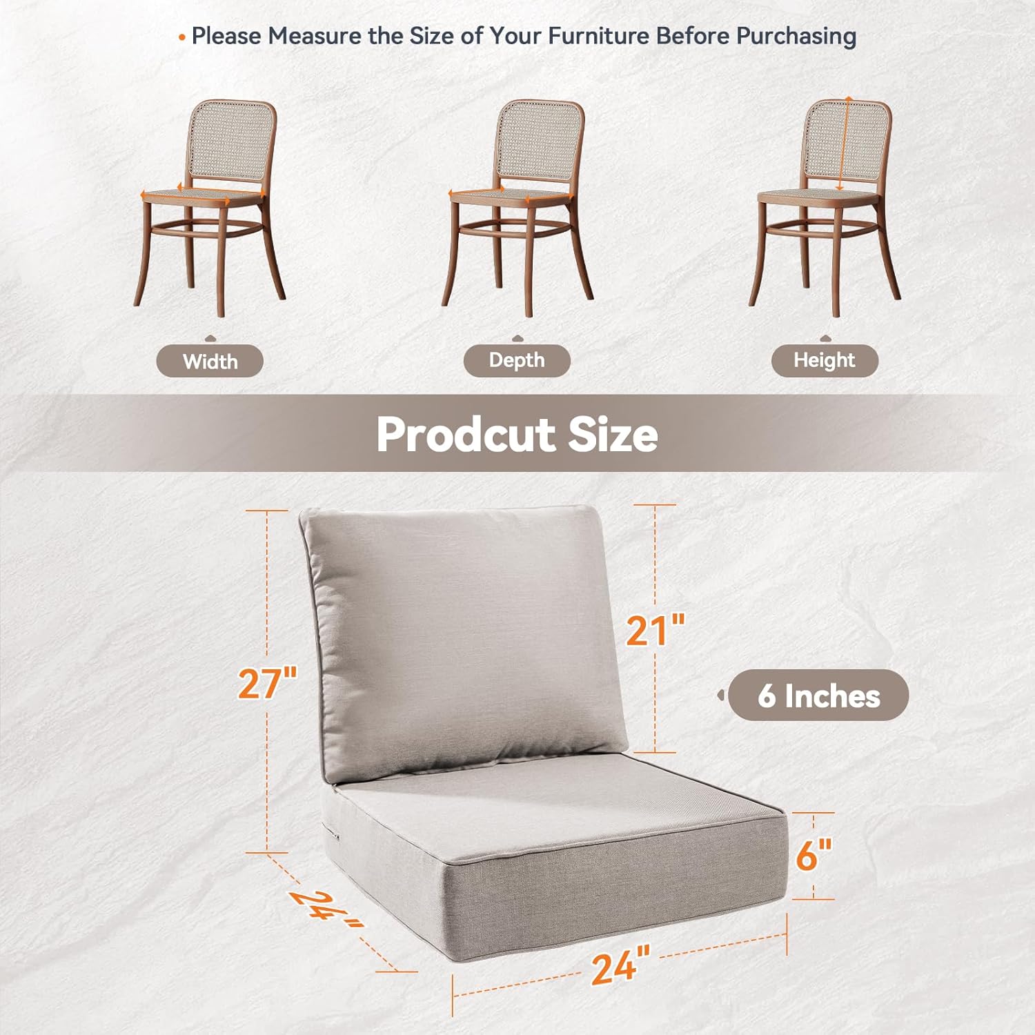 Luxury 6" Outdoor Cushions for Patio Furniture, 24x24x6" Thick Seat Cushion Set of 2, Fade Resistant Couch Chair Replacement Cushions High Density Deep Wicker Chair Cushion w/ Removable Cover, Beige