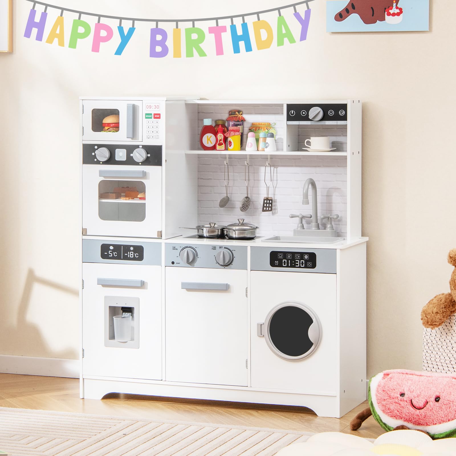 DREAMADE Kinderküche Holz mit Zubehör, Kinder Küche mit Herd Spüle Backofen Waschmaschine, Kinderspielküche Holzküche mit Licht & Sound, Spielküche für Kinder ab 3 Jahren