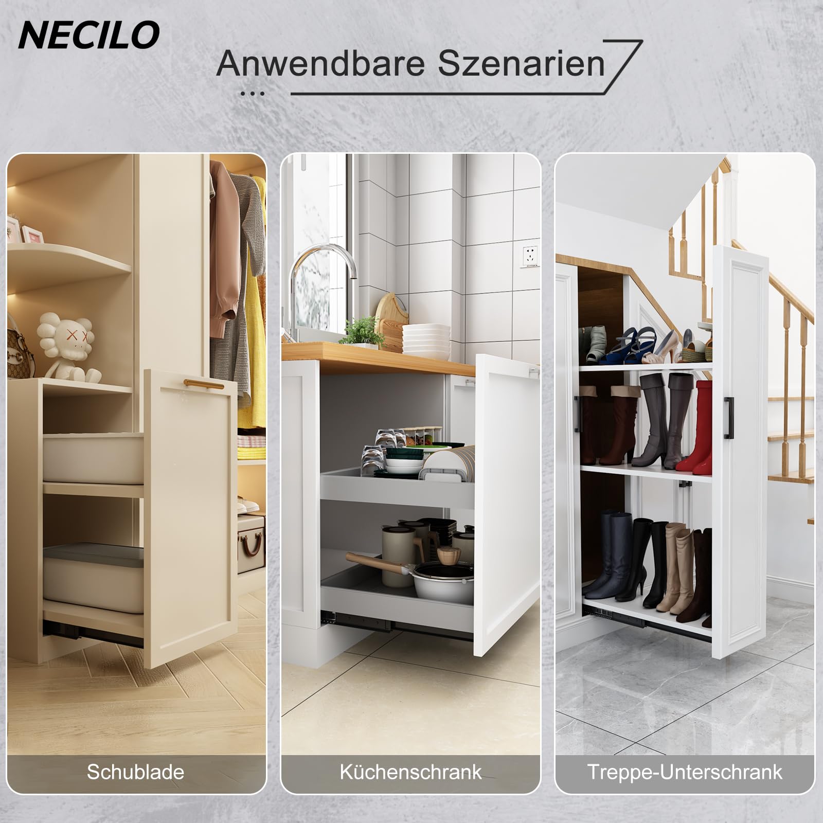 NECILO 600 mm Schwerlastauszug Schubladenschienen mit Bodenhalterung, 3 Falten Vollauszug, Kugellager, Versteckte Gleitschienen für Treppen, Schwarz, 106 KG Tragkraft, 1 Paar