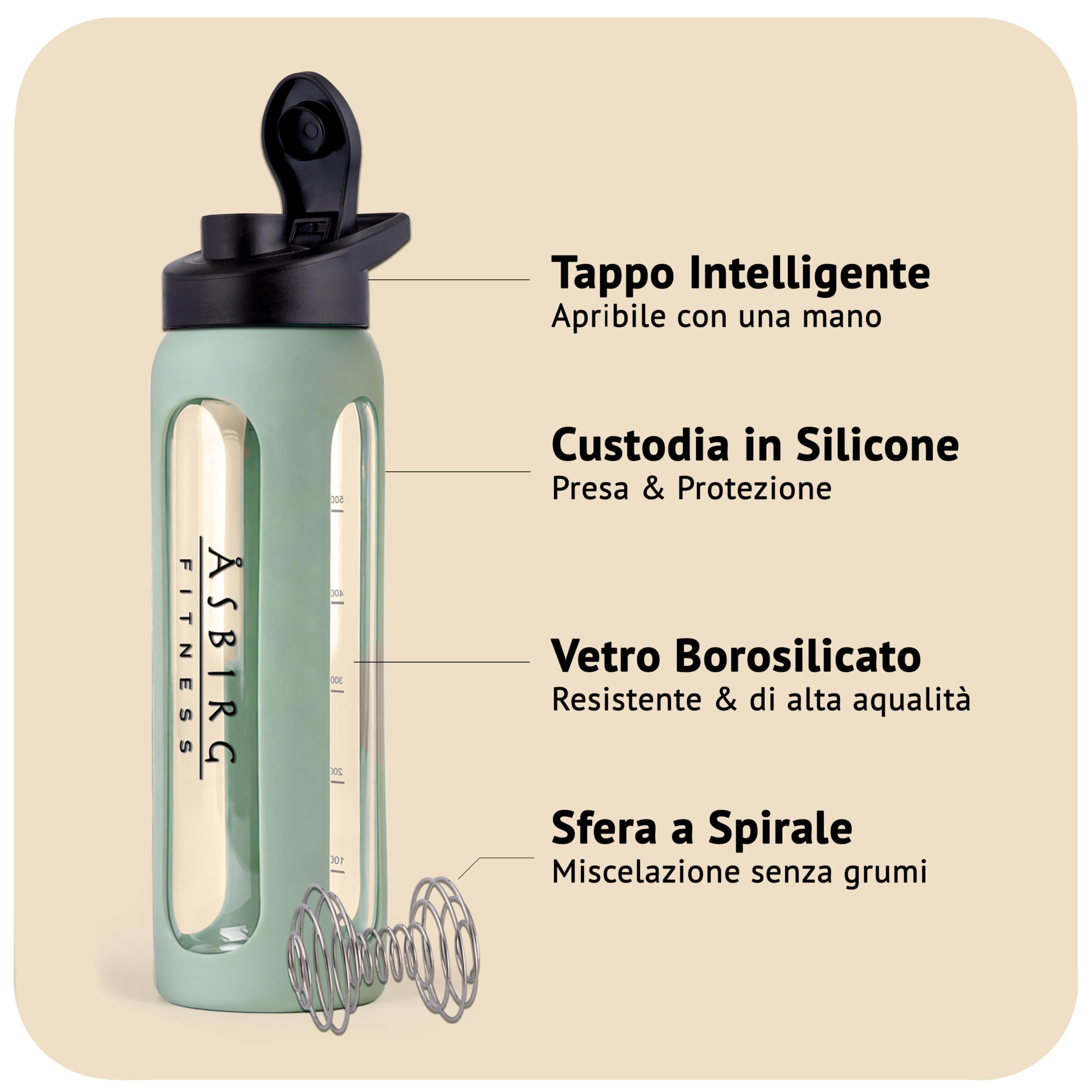 Shaker Proteine in Vetro 700 ml – Senza BPA, a Prova di Perdite & Robusto – Shaker per Proteine con Palla Mixer in Vetro Borosilicato – Bottiglia per Frullati e Sport | Verde Pastello