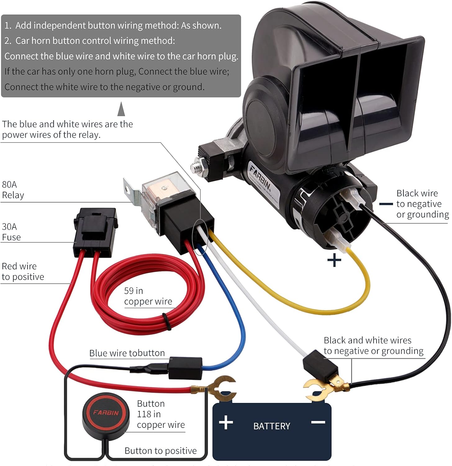 FARBIN Air Horn Kit 12V 150db Loud Horn for Car/Truck,with Wiring Harness and Push Button Switch
