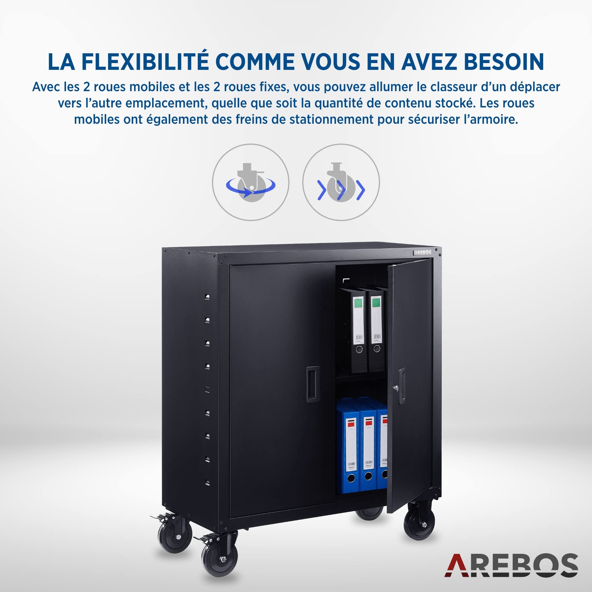 AREBOS Armoire de Bureau en Acier Robuste avec roulettes | 105x40x90 cm | Grande capacité de Rangement avec étagères réglables en Hauteur | Idéal pour Fournitures, dossiers et Archives | Noir