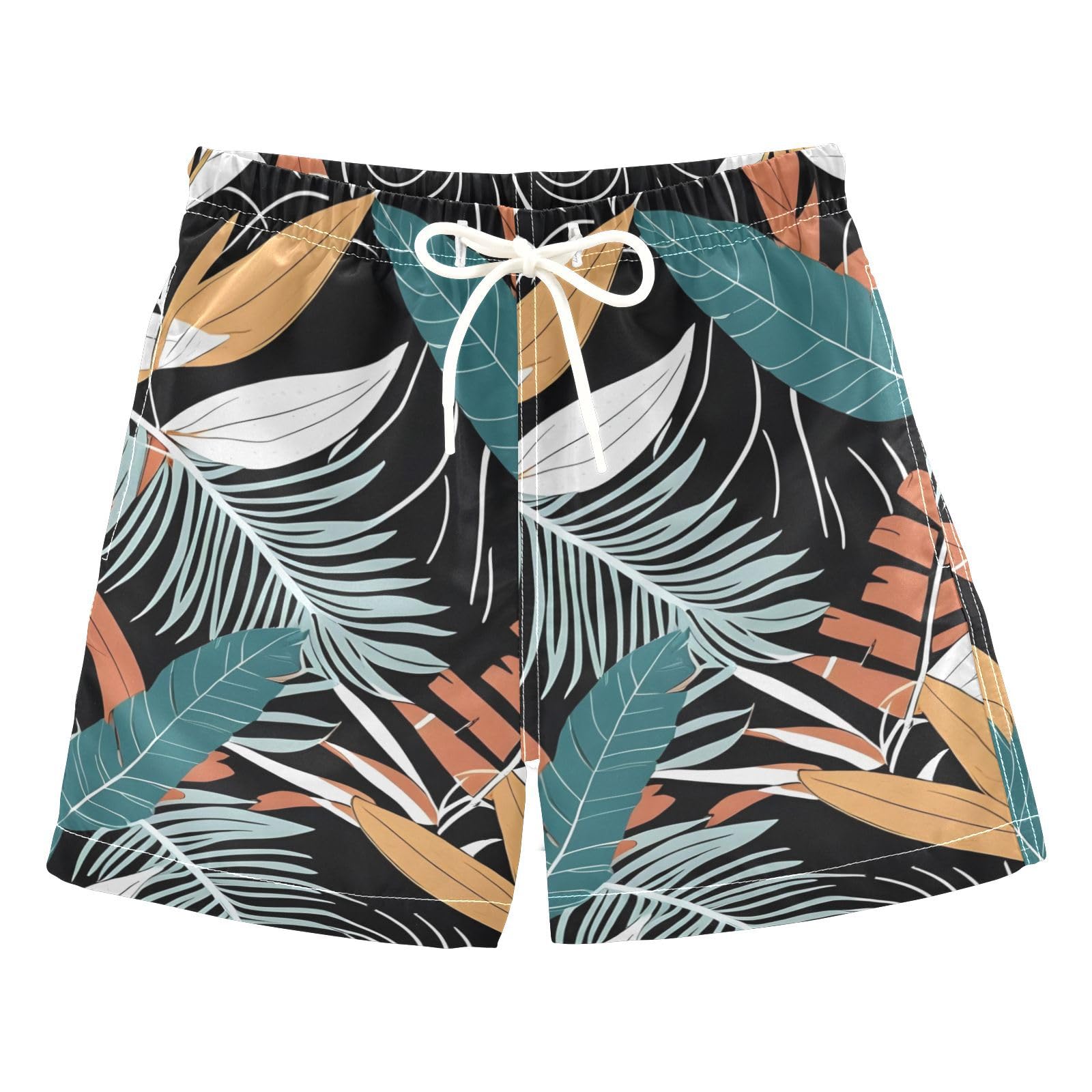 FLildon Hawaiian Palm Leaf Black Little Boys Swim Trunks with Mesh Lining Quick Dry Beach Board Shorts, 3T