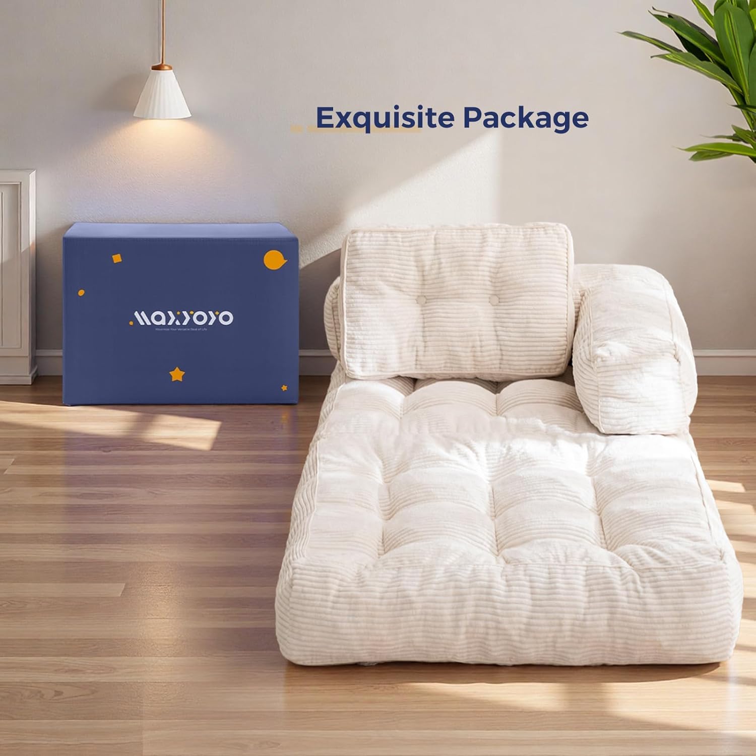 MAXYOYO Folding Sofa Bed, L-Shaped Convertible Sofa Foldable Sleeper Couch with Pillow, Portable Fold Out Chair Bed with Armrest Comfy Floor Lounge for Living Room Bedroom, Beige