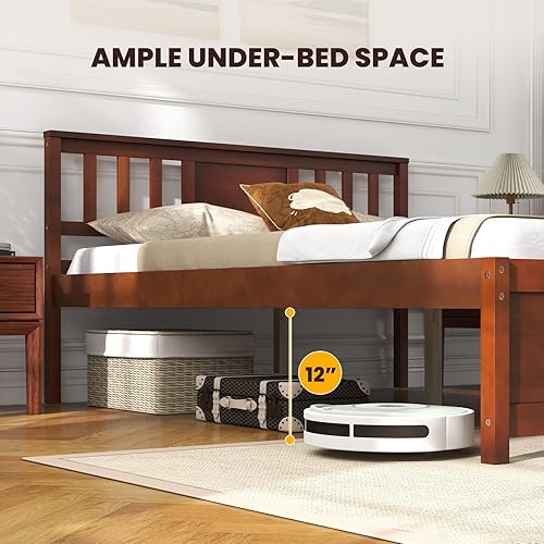 Miniatura 7 de Giantex Marco de cama de plataforma de madera maciza de tamaño matrimonial, marco de cama matrimonial de mediados de siglo con cabecero, soporte de