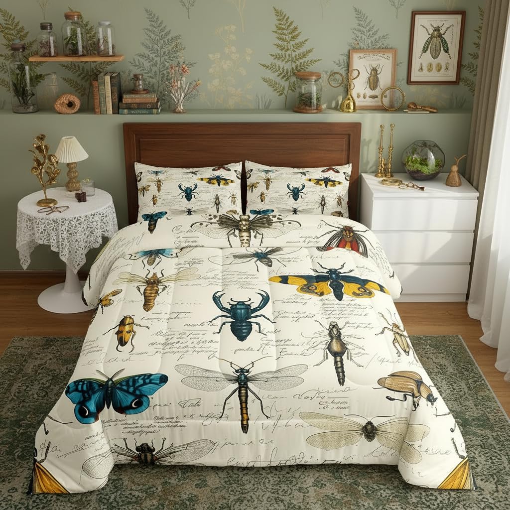 Homewish Insects Bedding Set Twin Size,Colorful Butterfly Moth Bug and Beetles Pattern Comforter Set,Nature Entomological Quilt Set for Kids Boys