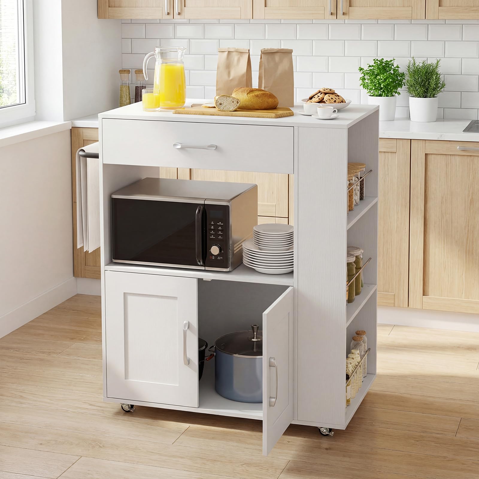 KOMFOTTEU Carro de Cocina con Ruedas, Carrito de Servicio con 3 Estantes Laterales, Armario de Puertas y Cajón, Isla de Almacenamiento con Toallero, 82 x 46 x 92 cm (Blanco)