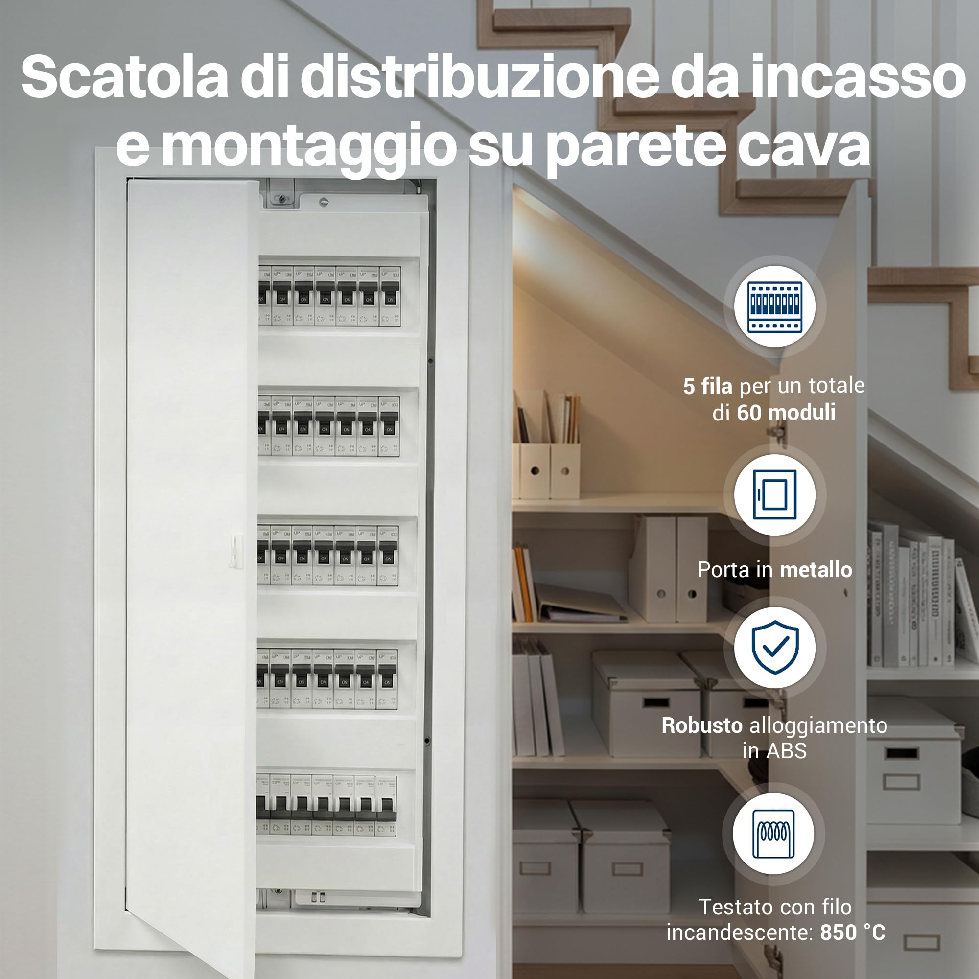Intratec Quadro Elettrico da Incasso 5 File – Centralino di Distribuzione IP40 per 60 Moduli con Porta Metallica Bianca e Guida DIN per Impianti Elettrici Interni – 346 x 94 x 842mm