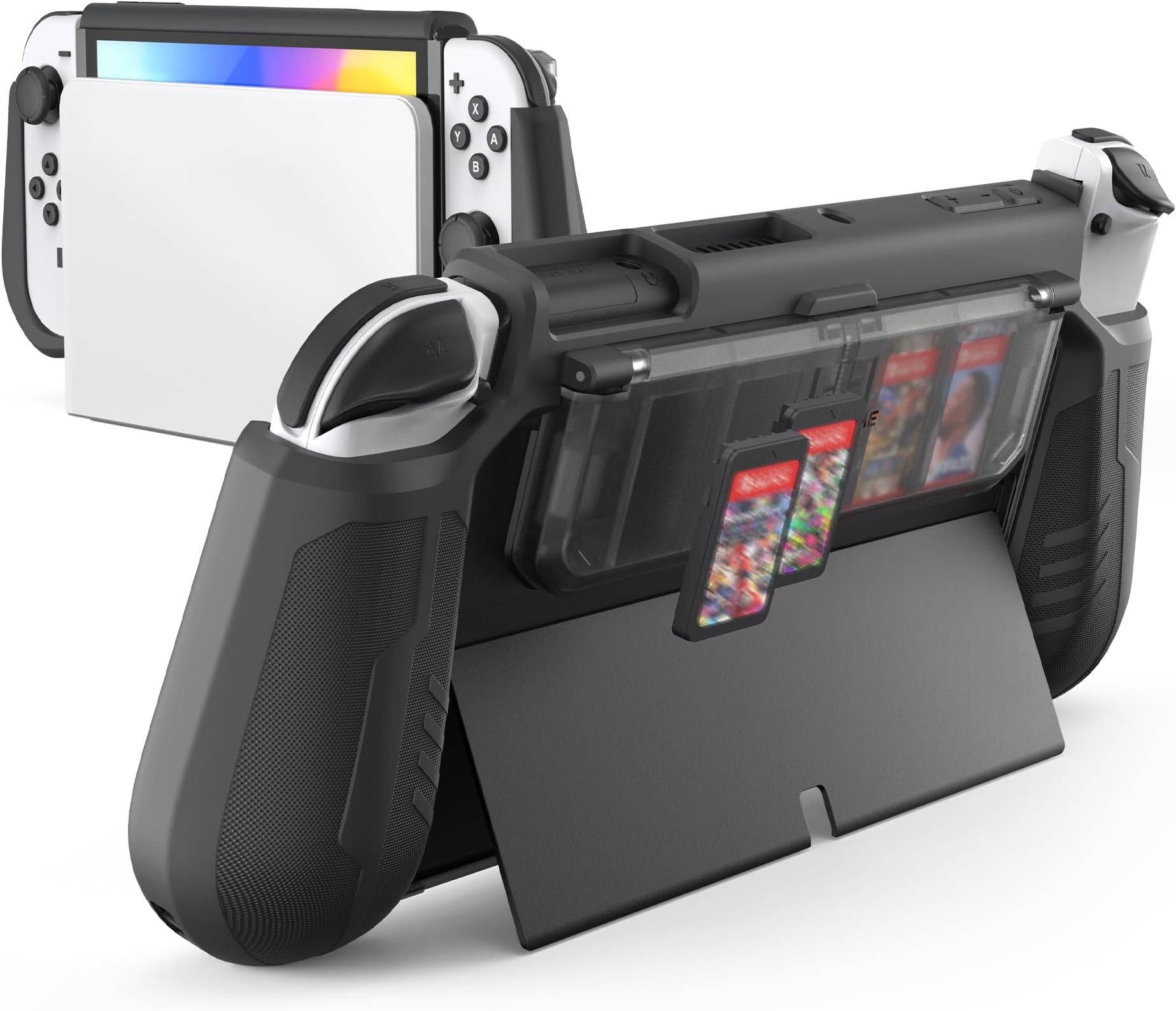 KIWIHOME Switch OLED Case with Flip Game Storage, Protective Case Cover,Dockable Case for Nintendo Switch OLED 2021 TPU Grip Portable Cover Accessories（Black）