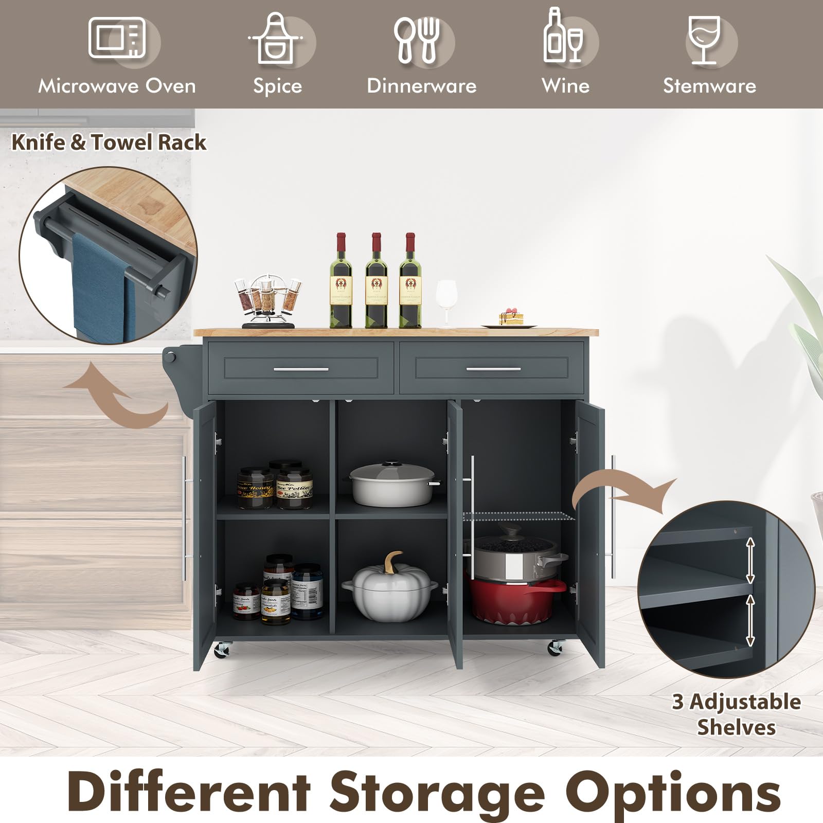 KOMFOTTEU Carrello Portaoggetti con Ruote con 2 Freni, Isola Cucina in Rovere Massiccio, Mobiletto da Pranzo con Portaspezie e Portasciugamani, per Soggiorno, 111,5 x 46 x 93 cm, In 2 Pacchi (Grigio)
