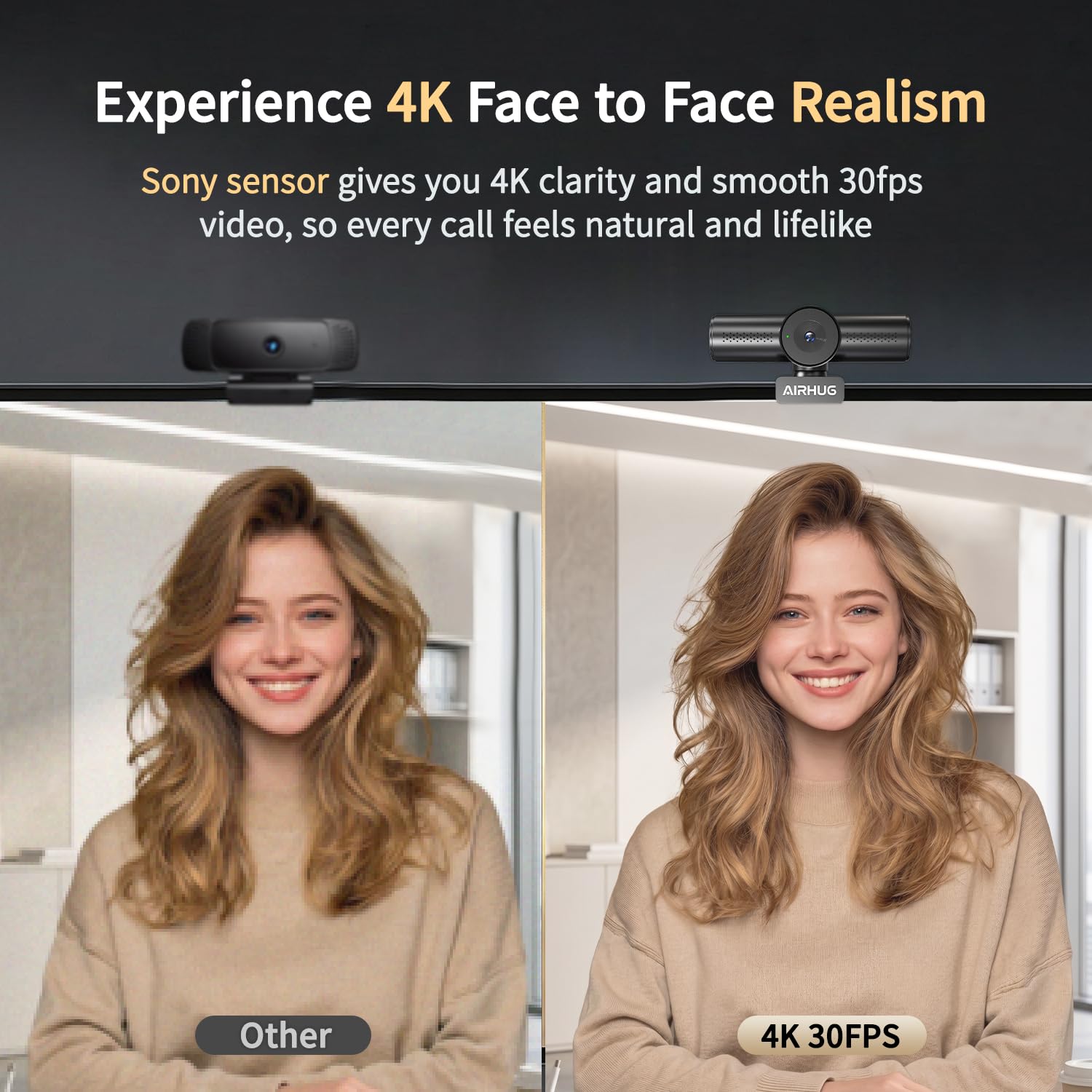 AIRHUG Webcam 4K 30fps con doppio microfono omnidirezionale e copertura per la privacy | Sensore Sony 16MP, autofocus PDAF, correzione automatica della luce, vista messa a fuoco a 63°, Plug & Play USB