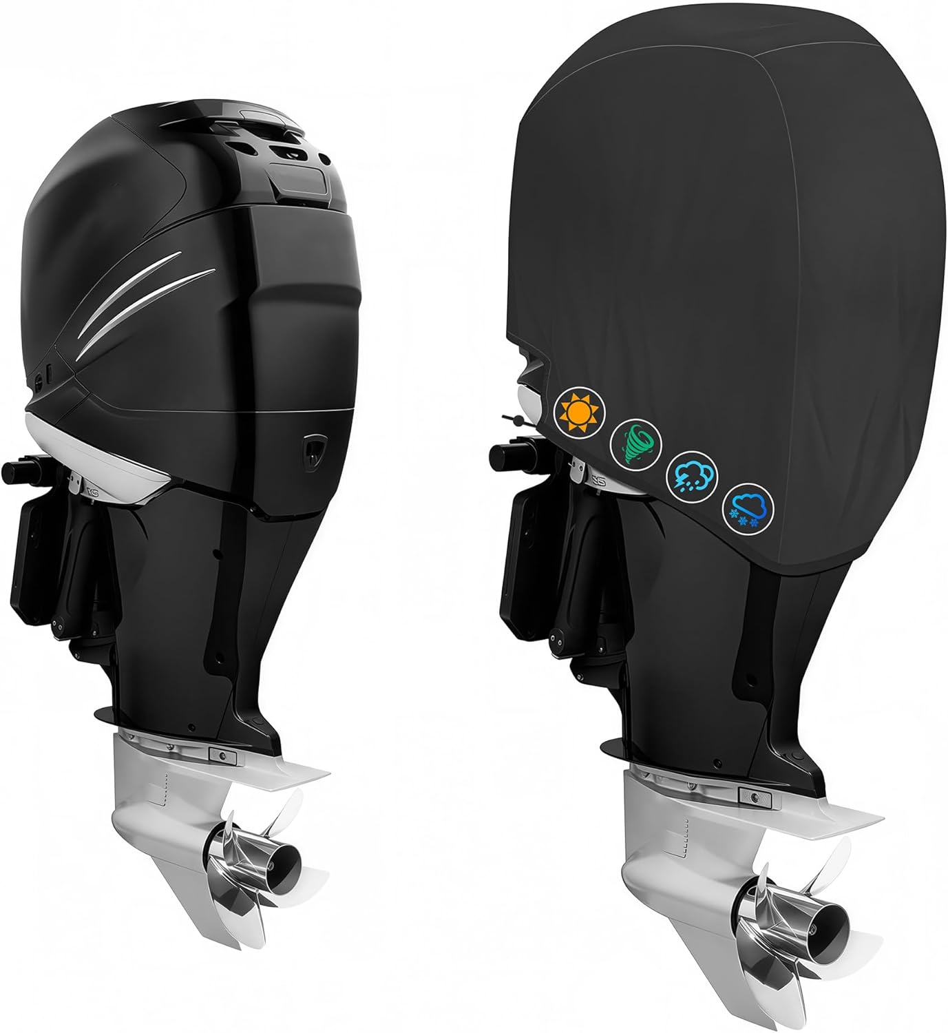 Outboard Motor Cover, 1200D Waterproof Boat Motor Cover Compatible with Mercury 75HP-115HP - 4 STR 4 CYL 2.1L 2010-2025, with Elastic Hem & Windproof Straps, Black