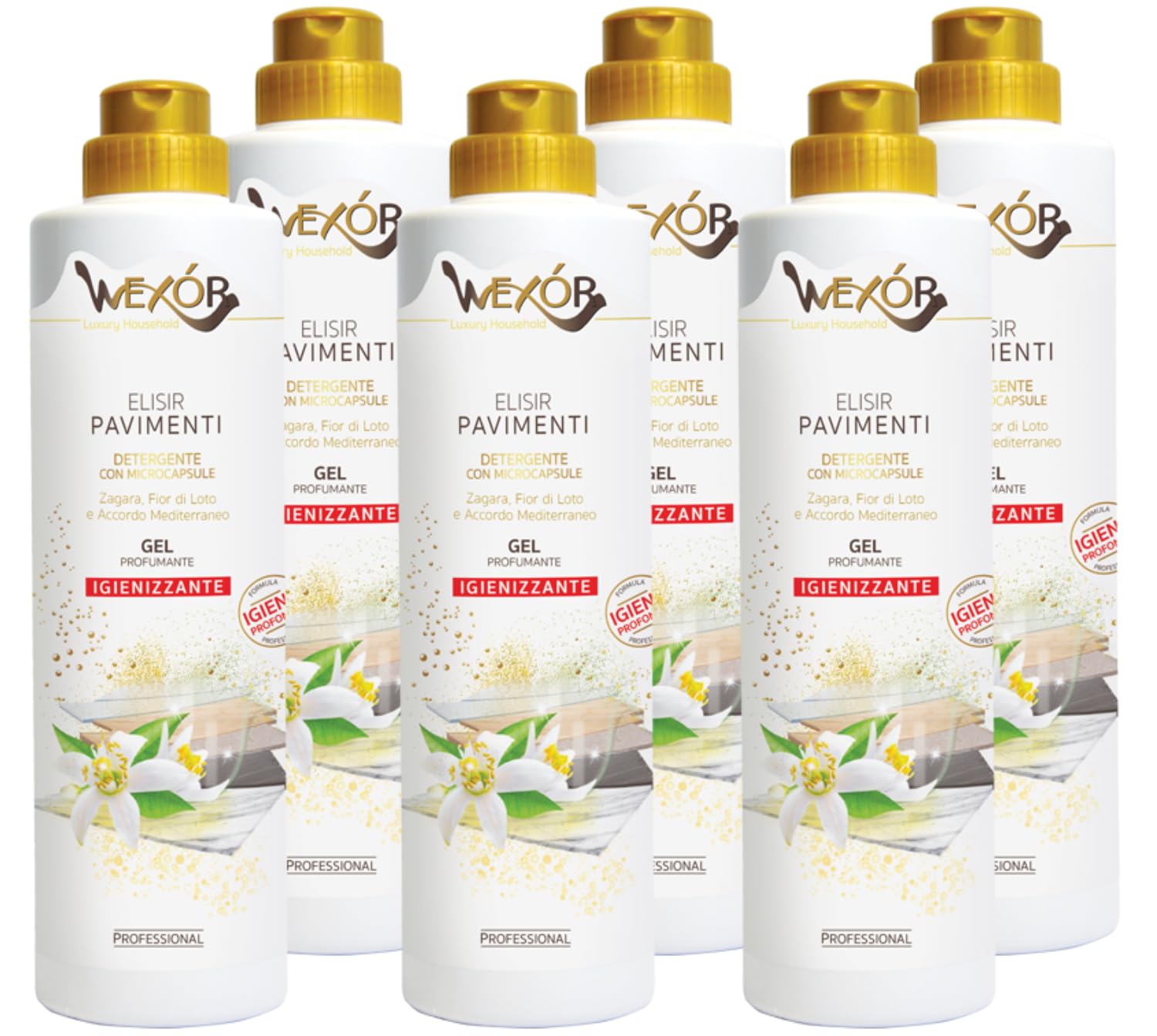 WEXOR Elisir Pavimenti Detergente in Gel con Microcapsule, Profumo Zagara Fior di Loto e Accordo Mediterraneo, Igienizzante Professionale 750ml (750ml (6 unita))