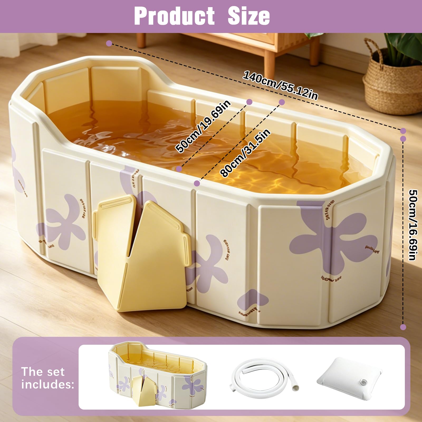 Vasca Da Bagno Pieghevole Adulti, Vasca Ghiaccio Portatile Per Doccia E Balcone Autoportante Interno Esterno Mastello Pieghevole Per Recupero Sportivo E Bagno Caldo 140x80x55 cm