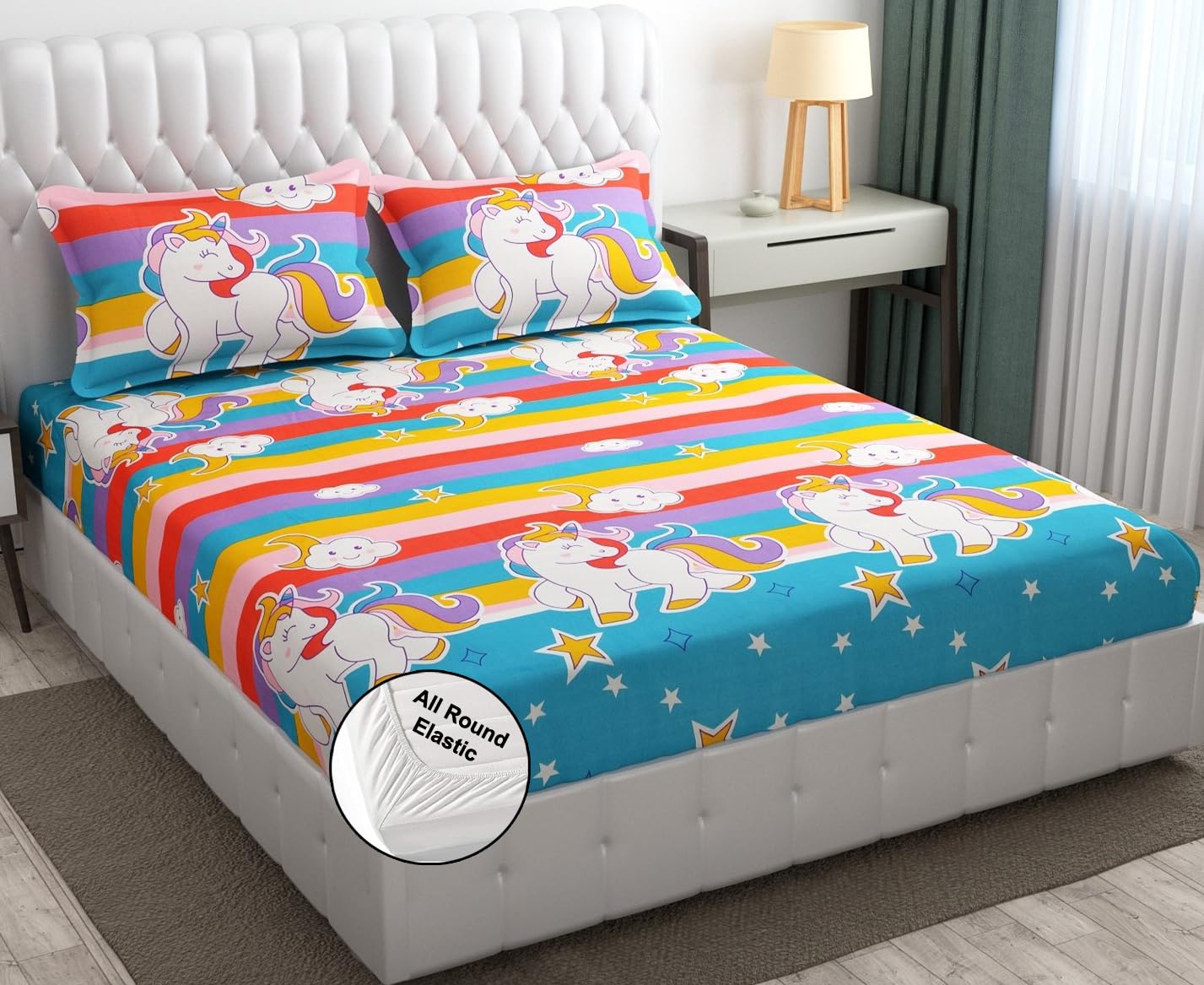 FRESH FROM LOOM Cartoon 300 TC Wrinkle Free Glace Cotton Elastic Fitted Bedsheet for Kids with Two Pillow Cover (Size - 78 x 72 Inches (Fits up to 8 Inch)), queen, Multicolor-image-27