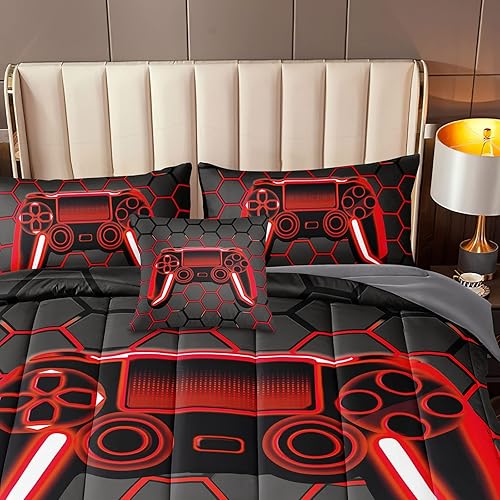 Miniatura 6 de BDUCOK Juego de 5 piezas de edredón para jugadores en una bolsa para niños adolescentes, juego de ropa de cama de panal para juegos con mando de