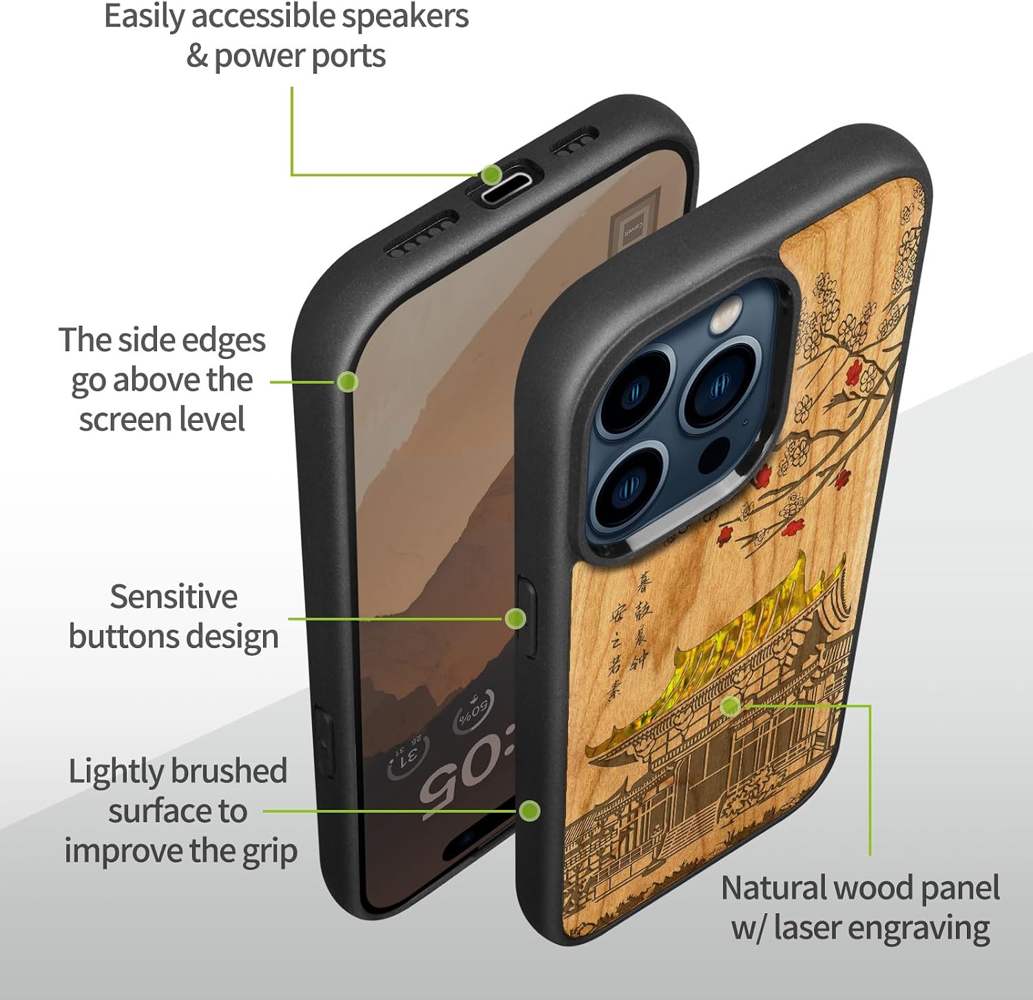 Carveit Wooden Case for iPhone 15 Pro Max Magnetic Case, Compatible with MagSafe Wireless Chargers, Shockproof Cover, Handmade Shell Inlaid & Wood Artisan Engraved (Traditional Temple) Cherry