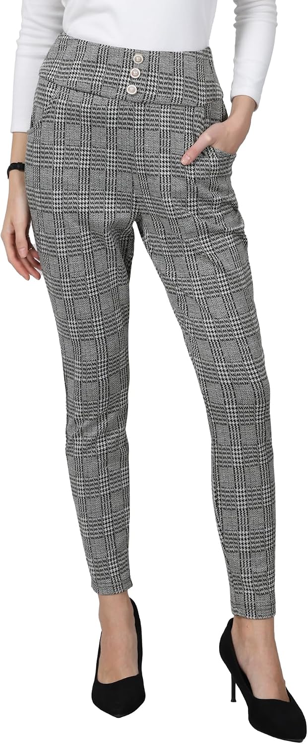 Hobemty Women's Plaid Skinny Pants High Waist Houndstooth Work Casual Leggings