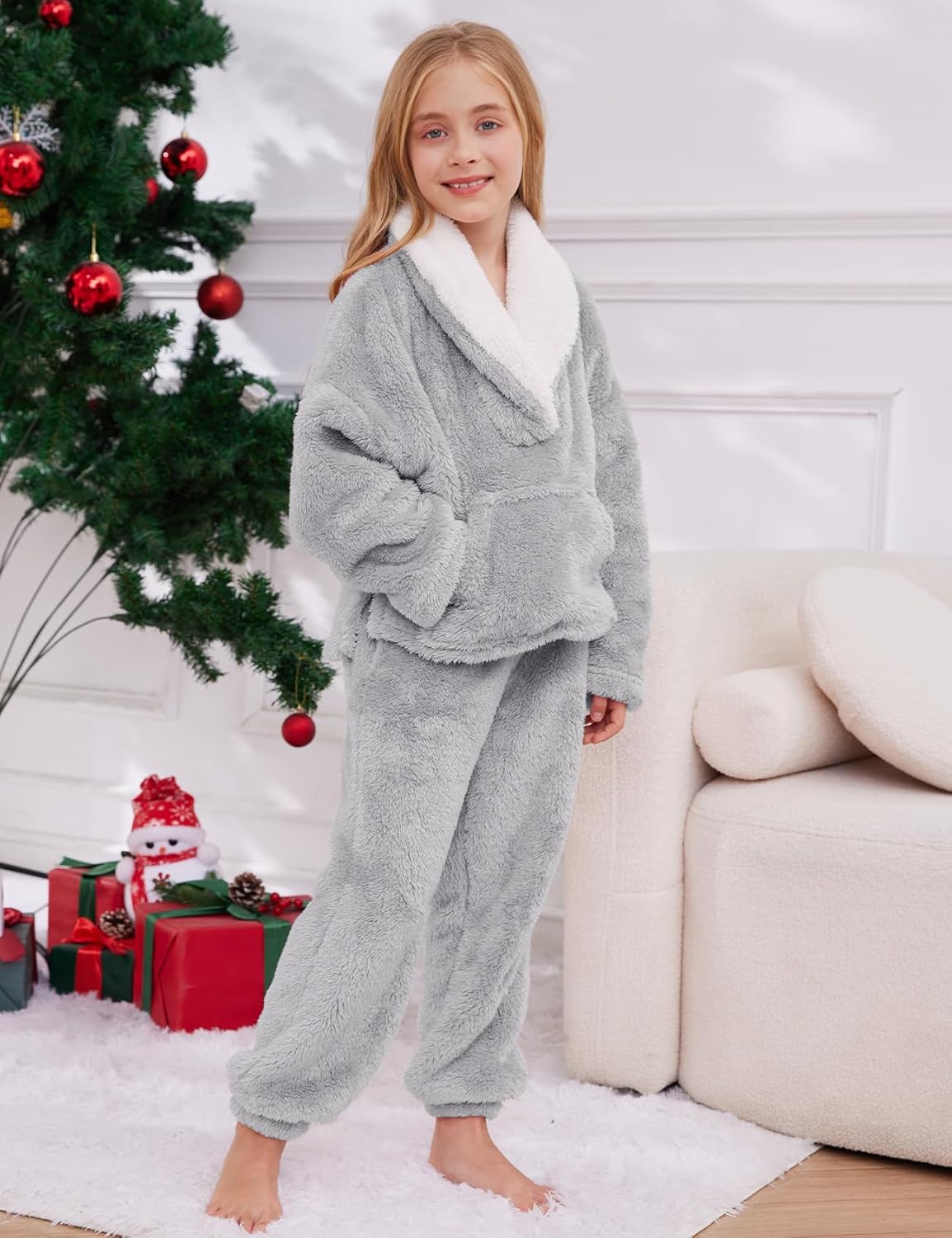 Gihuo Girls Fleece Pants Sets Fuzzy 2 Piece Outfits Lapel Collar Pullover Sweatshirt Set Sweatsuit 5-14Y - Image 2