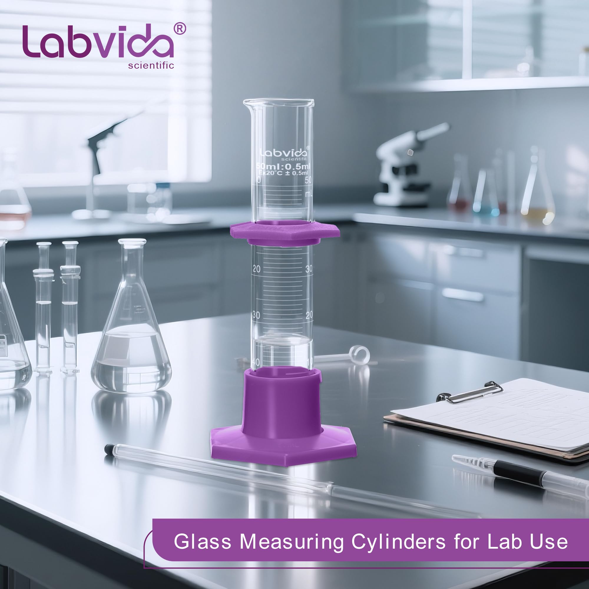 LVE004 - Set di cilindri graduati in vetro borosilicato da 100 ml, con base esagonale in plastica e spazzola, classe B (4 pezzi), LVE004