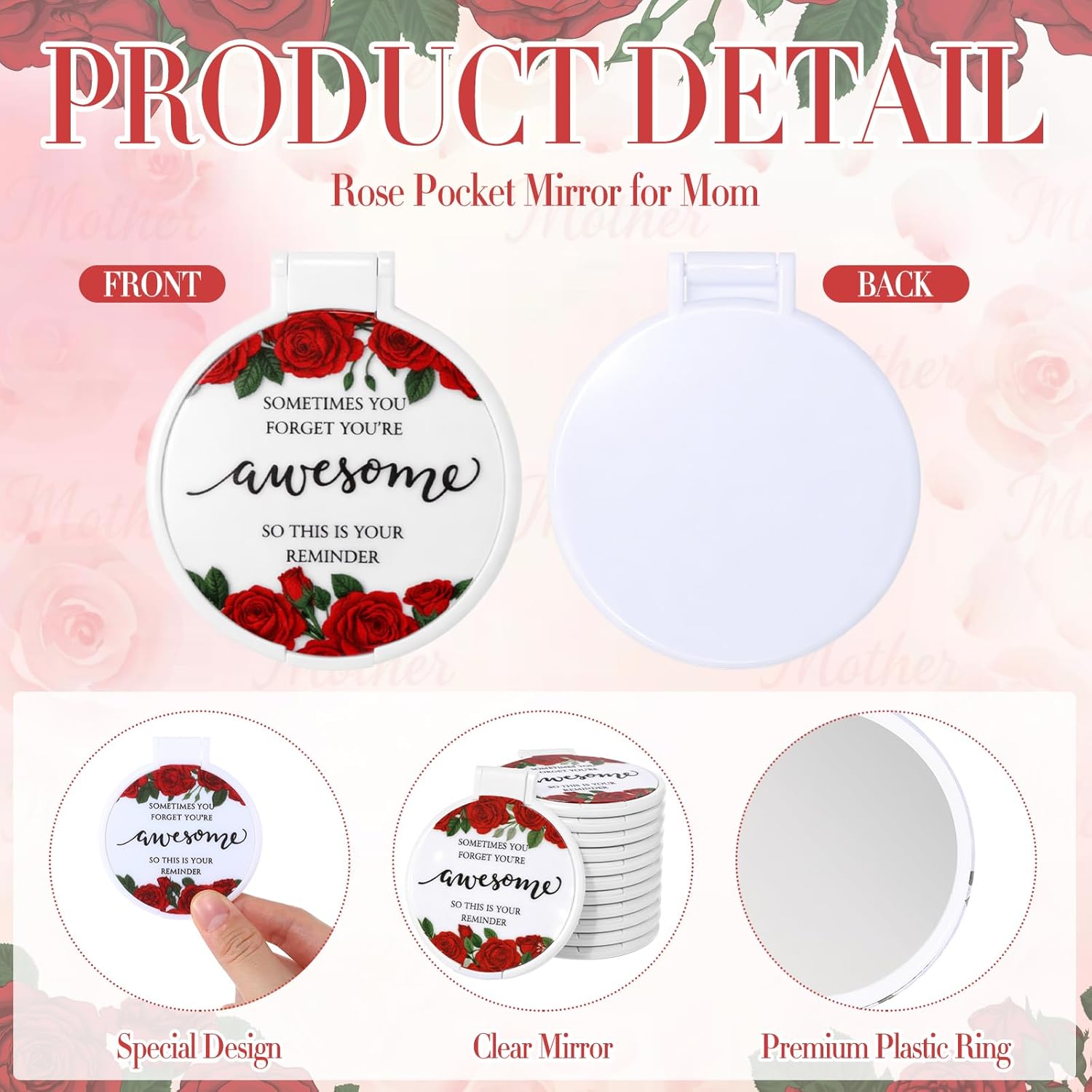 50 Sets Mother's Day Appreciation Gifts Compact Mirror for Mom Bulk Sometimes You Forget You're Awesome Mothers Day Motivational Gifts Double Sided Folding Pocket Mirrors for Mother Wife