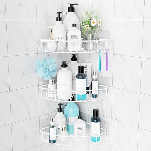 Miniatura 10 de Orimade Estante de ducha de esquina de acero inoxidable con ganchos, estante de baño montado en la pared, organizador de almacenamiento adhesivo,