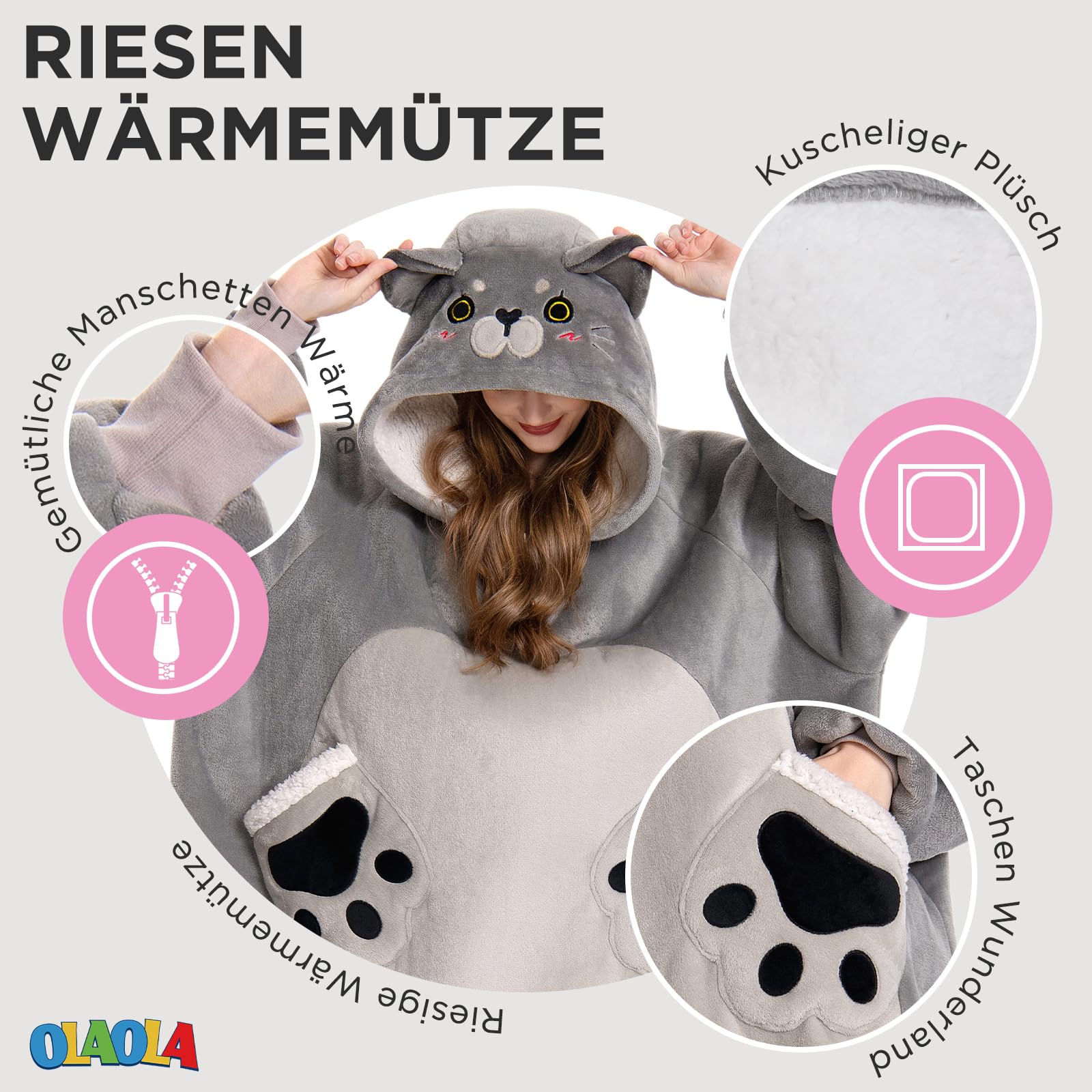 OLAOLA Blaue Katze Decken-Hoodie Unisex, Oversized Sherpa Kuscheldecke