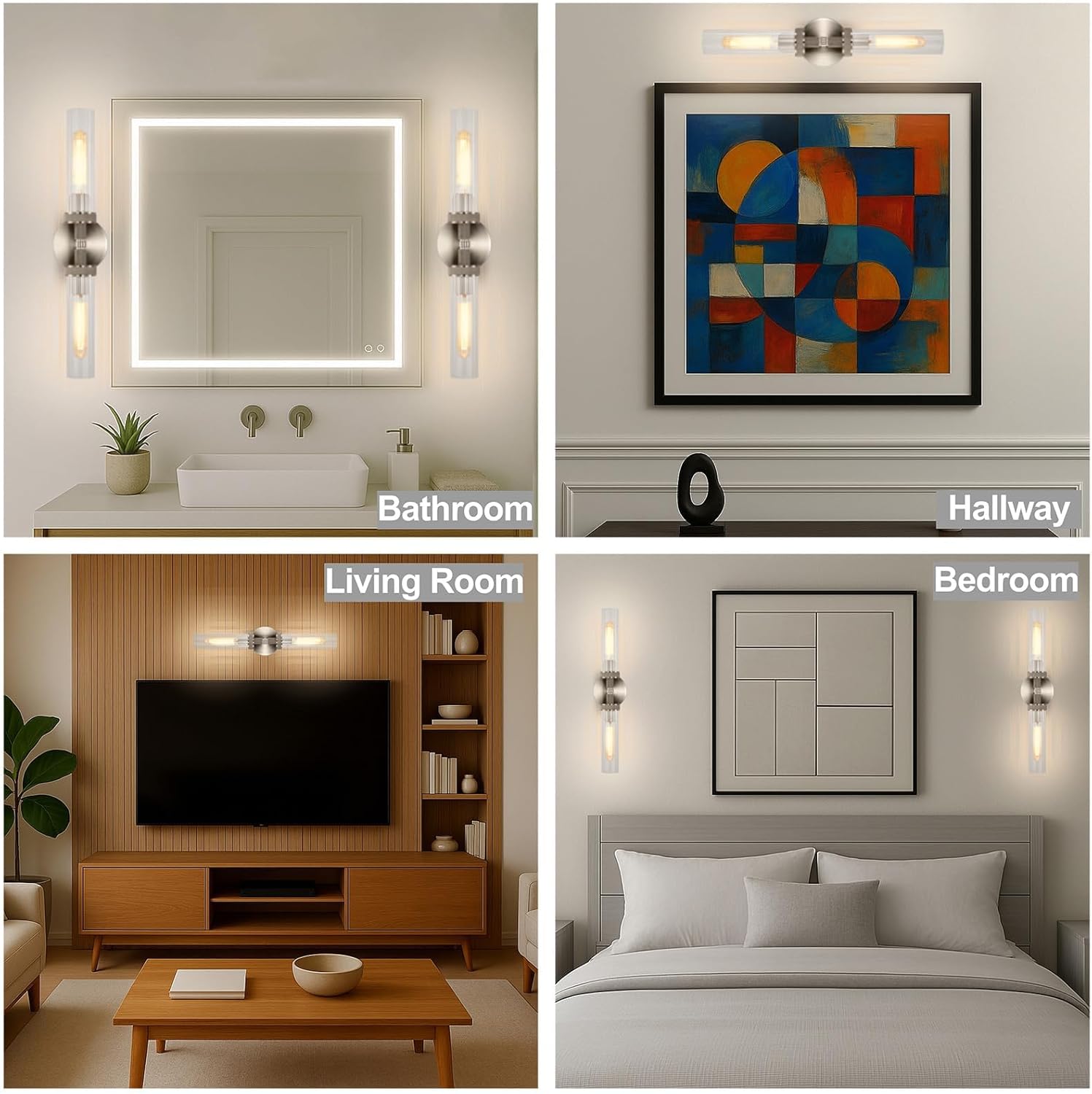 LaLuLa 2-Light Brushed Nickel Vanity Wall Lights Set of 2 –Hardwired Bathroom Light Fixtures with Rippled Glass Shades and Textured Metal Body, Chrome Accent Sconces for Over Mirror or Hallway