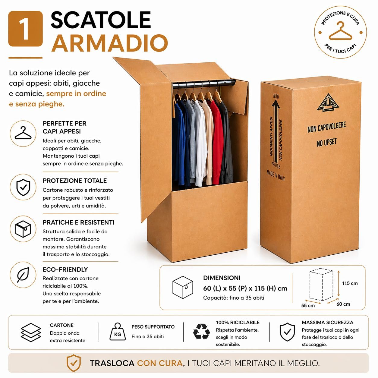 60x50x115H - 5 Scatoloni Resistenti - Bauletti per capi appesi - Scatole Cartone Porta Abiti Con Asta In PvC- Mottola Packaging