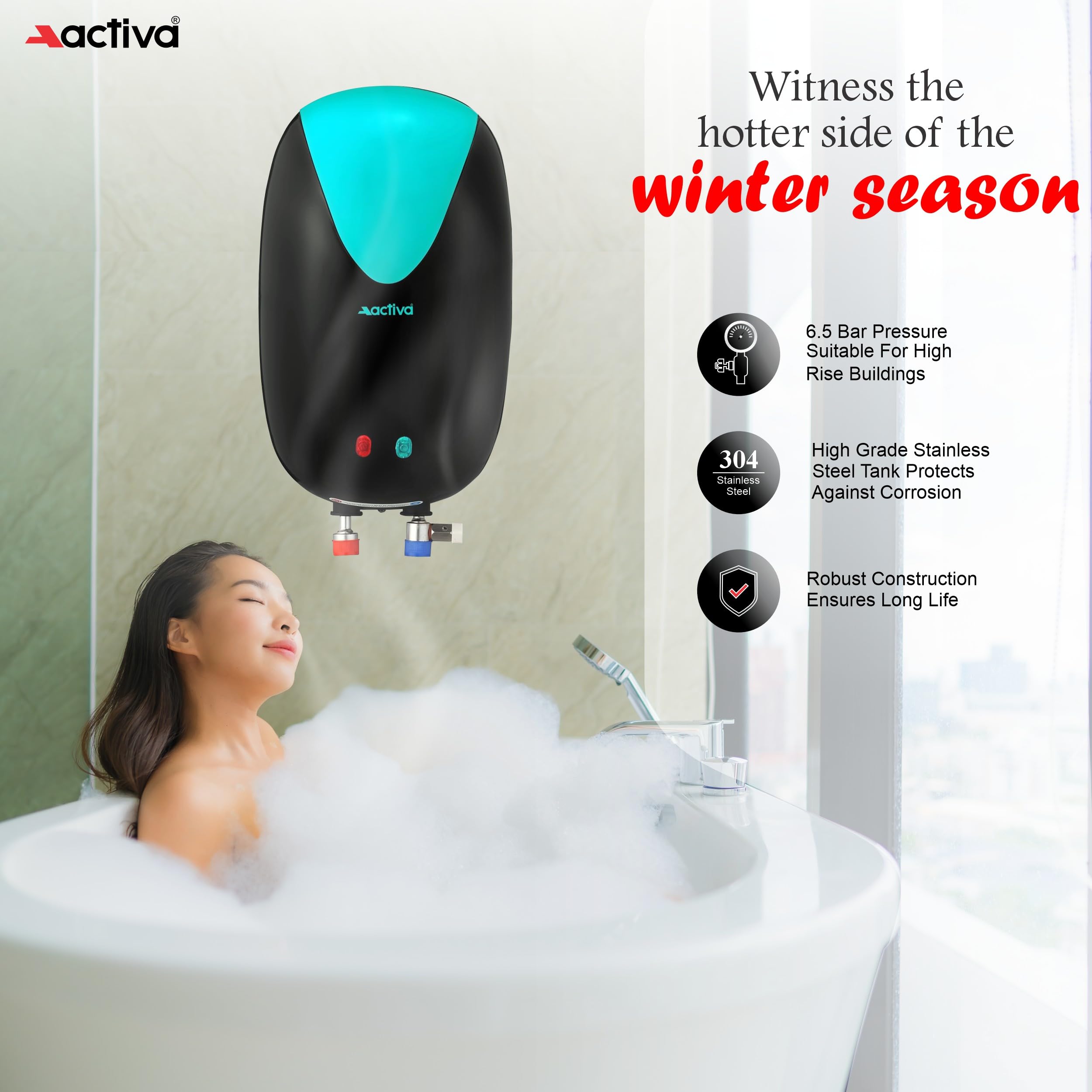 ACTIVA 3L Instant Water Heater Geyser 3kW ISI Copper Element 304L SS Tank Anti Rust Coating Auto Cut Off ABS Body BEE 5 Star Fast Heating Compact Bathroom Kitchen Use 5 Year Warranty Green Black 3