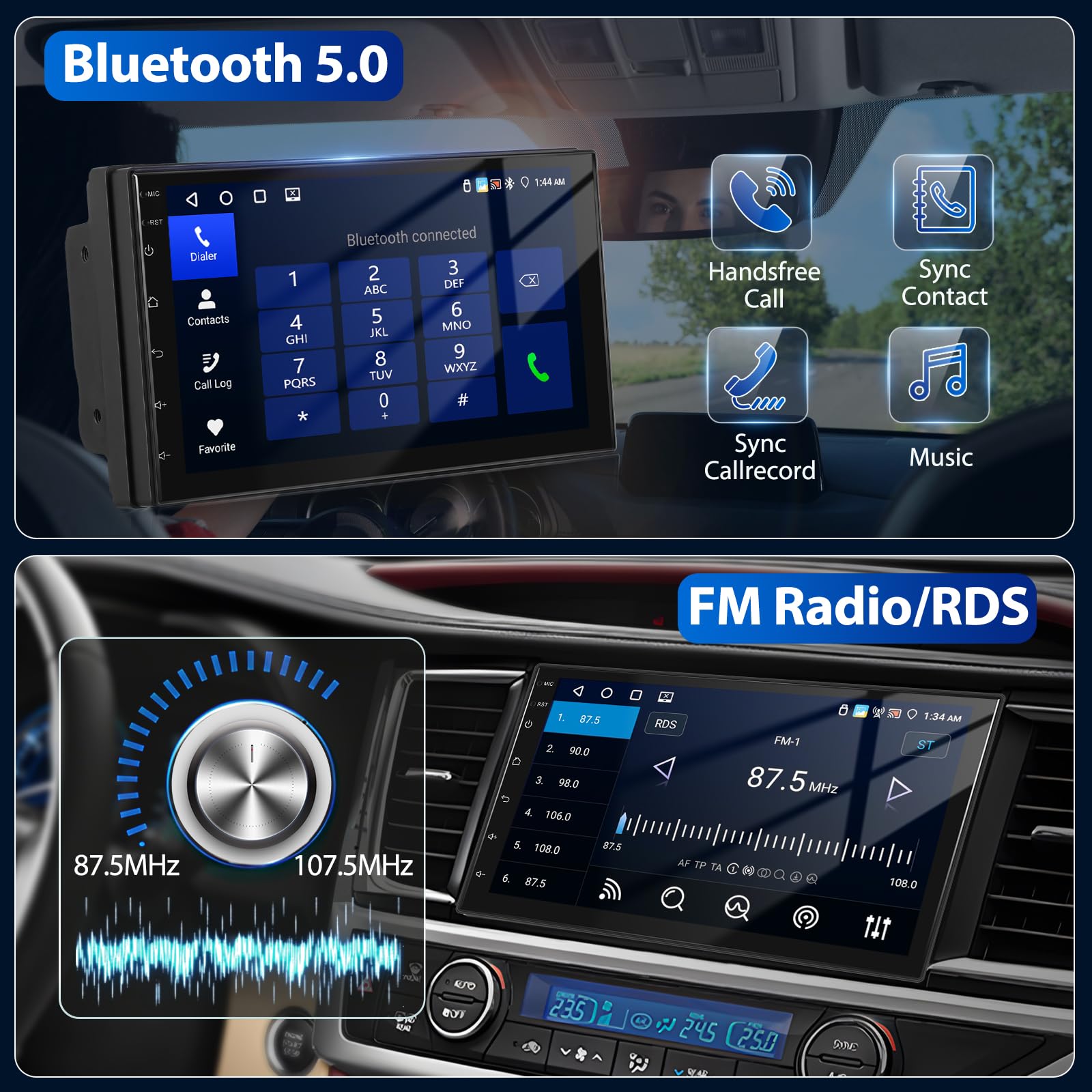 Autorradio Estéreo 2 DIN Motorsi [4+64 GB] con Android 15.0, Pantalla Táctil HD de 7 Pulgadas, Bluetooth 5.0, GPS, WiFi, FM, RDS, EQ, Doble USB y AHD, Cámara y Micrófono