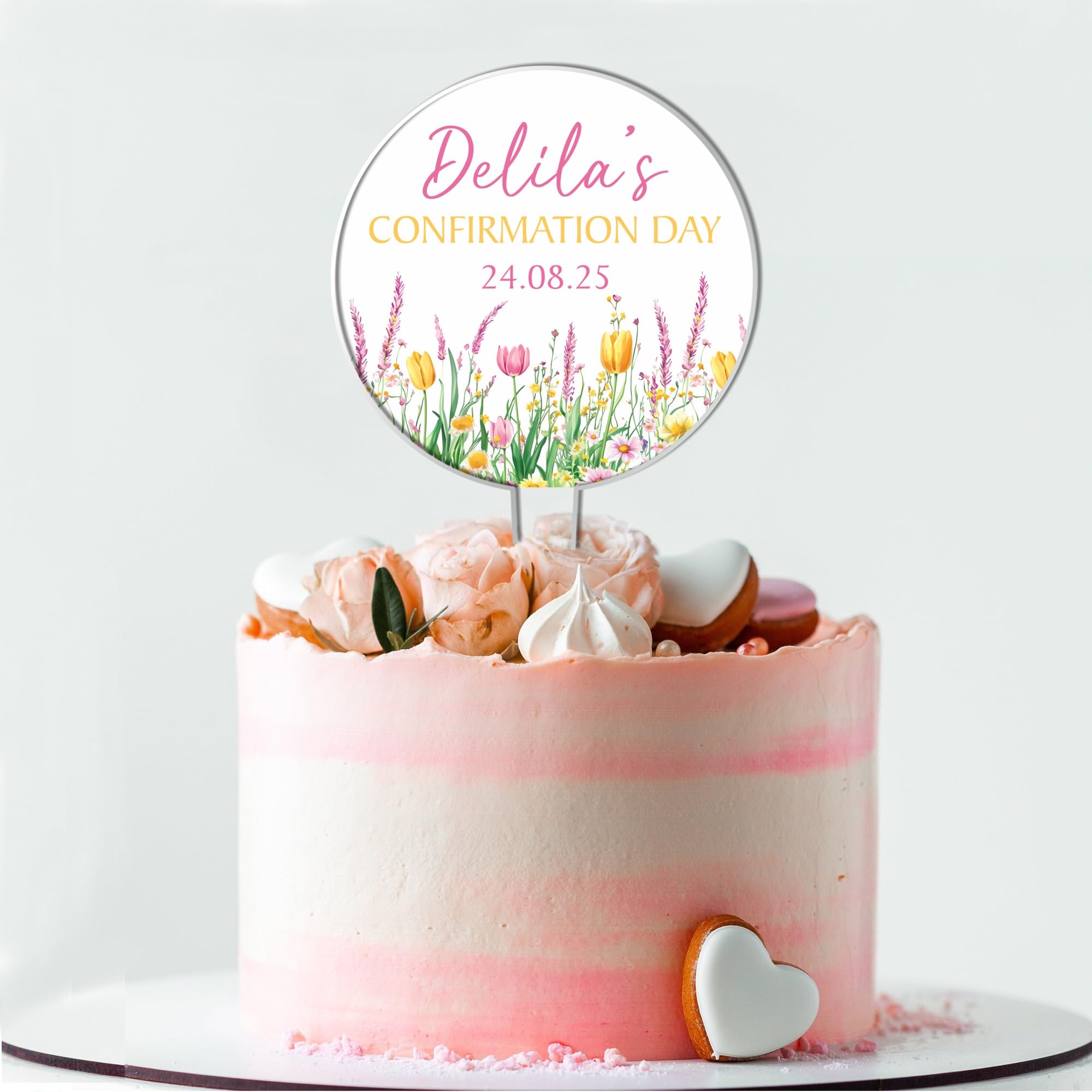 Personalised Floral Acrylic Cake Topper – Custom Child's Name & Date in Blue Pink Yellow for Christening Communion Confirmation Religious Ceremonies (Pink & Yellow, Confirmation Day)