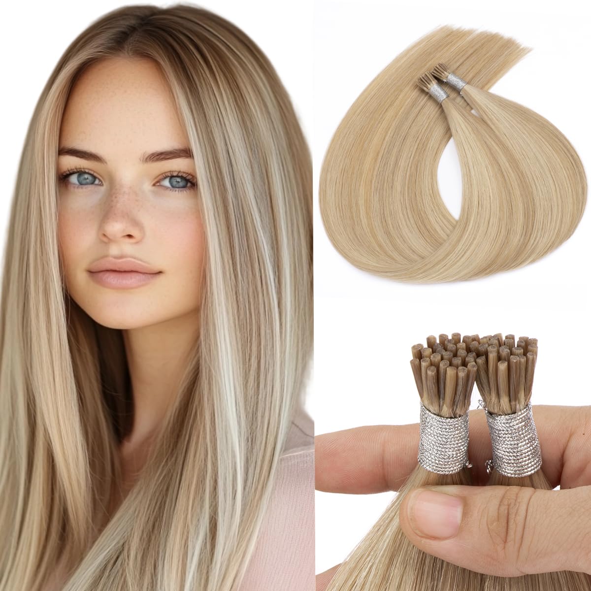 Kun Na I Tip Hair Extensions 50g/pack Pre Bonded Stick Tip Keratin Real Remy Human Hair Extension Straight (#18/613, 20 inch)