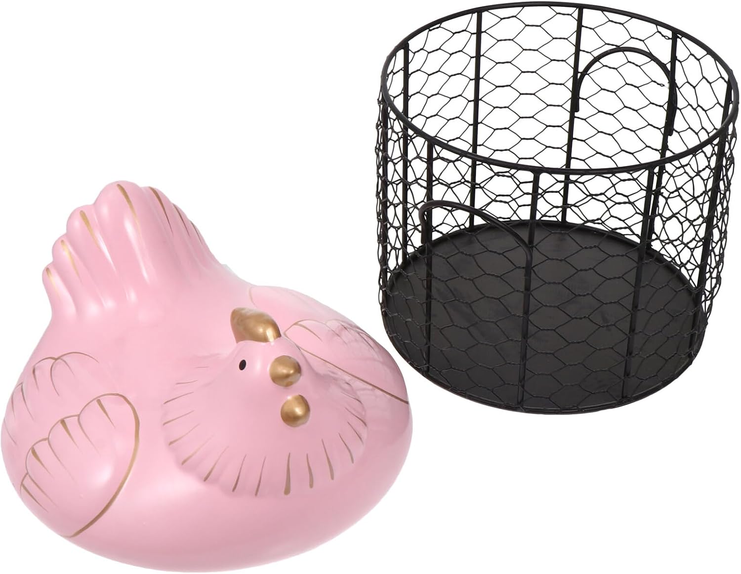 Uonlytech Ceramic Egg Storage Basket with Lid and Black Wire Frame, Covered Kitchen Fruit and Snack Container, Household Goods Organizer for Fresh Egg and Fruit Storage