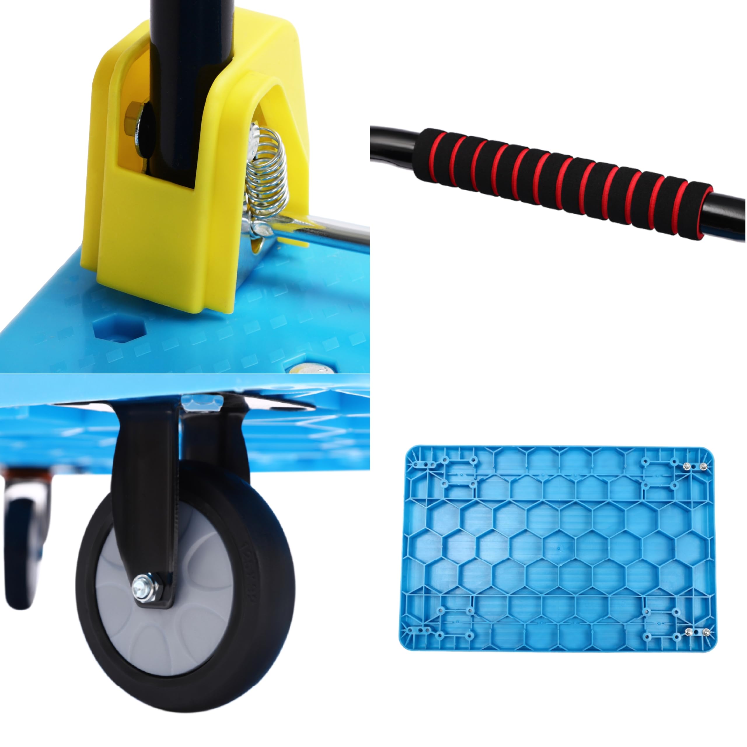 Carro de transporte plegable azul de polipropileno y hierro, 400 unidades, capacidad de carga, plegable, con 4 ruedas TPR, con asa (90 x 60 x 89 cm)