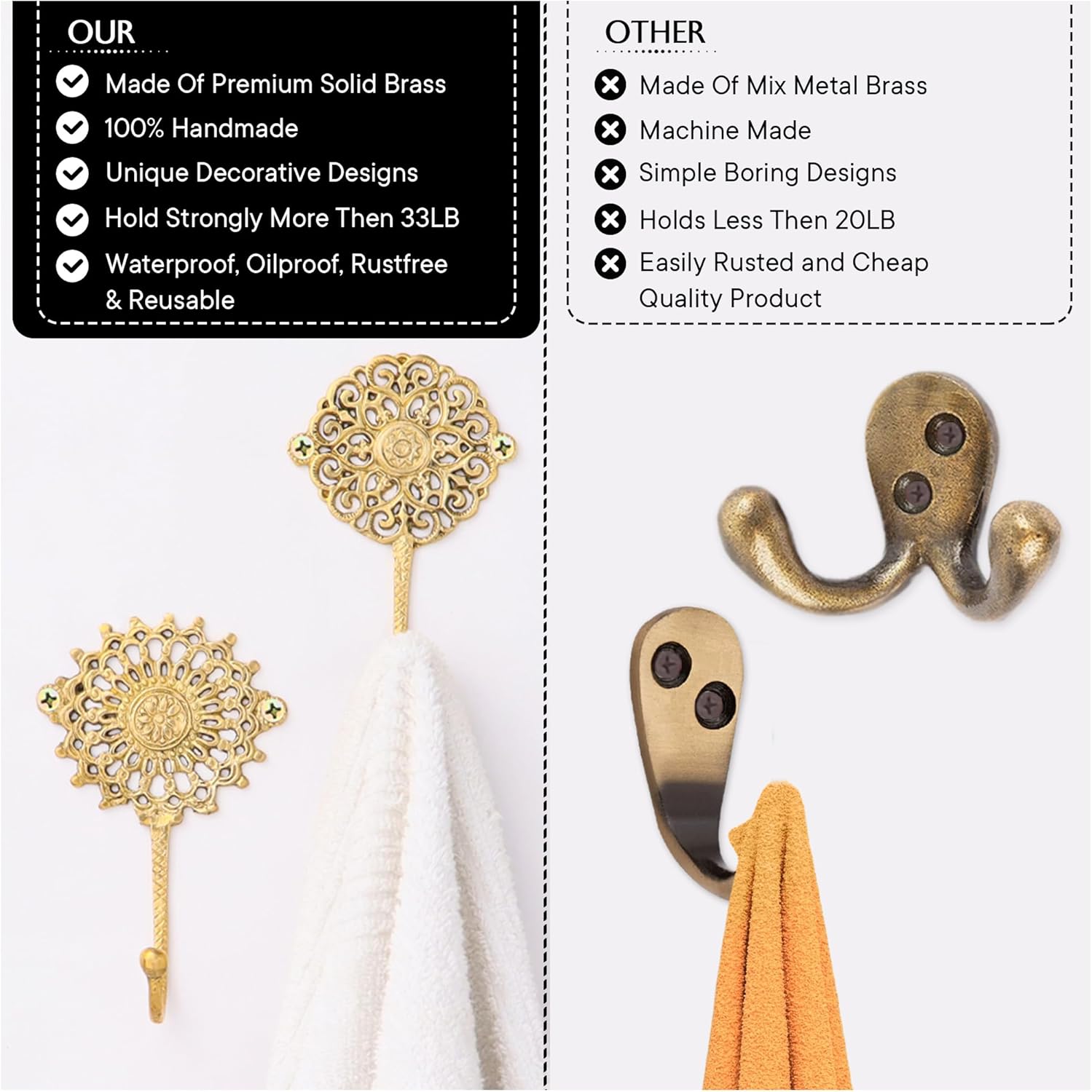 IndianShelf 3 Handmade Boho Brass Decorative Wall Hooks, Vintage Unique Gold Hooks for Hanging Keys, Towels, Bags, Coats- Shabby Chic Wall Mounted Coat Rack for Home Décor Entryway Bedroom Living Room - Image 4