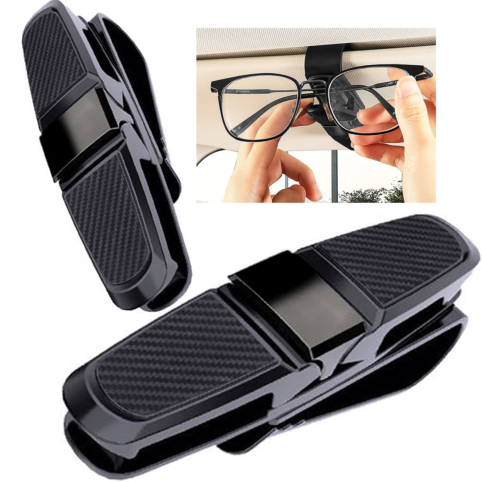 KUANSHENG Glasses Holder for Car Sun Visor, 2-Piece Sunglasses Holders Mount with Ticket Card Clip for All Cars