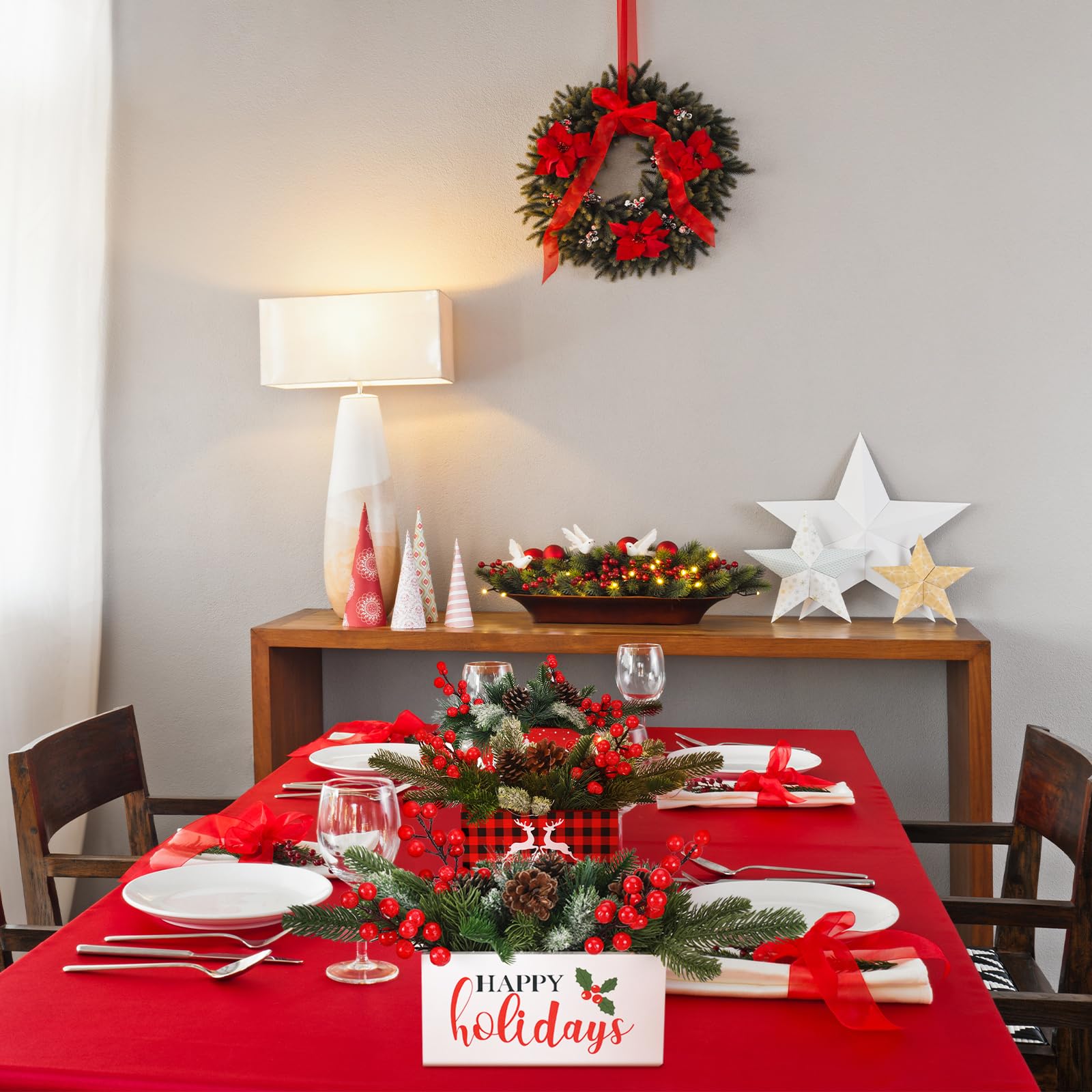 Hotop Lot de 3 centres de table de Noël avec lumières LED - 94 branches enneigées artificielles - houx et pomme de pin - Baies avec boîte en bois pour la ferme, les vacances, Noël, l'hiver, la