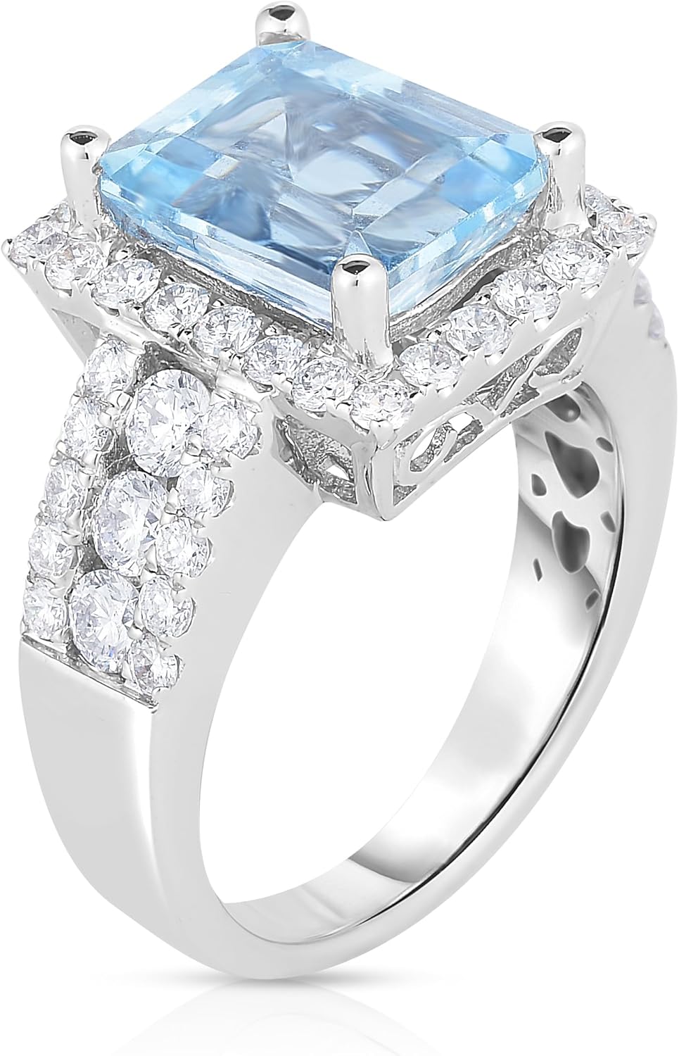 14K White Gold Genuine Aquamarine 3-1/5 Ct, Diamonds Statement Ring - Image 3