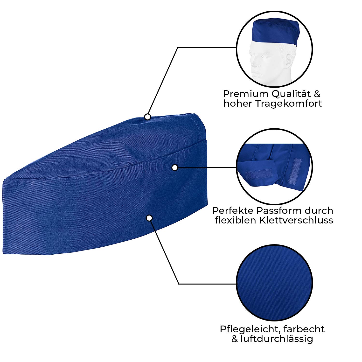 DESERMO - Juego de 5 Gorros de Cocina con Cierre de Gancho y Bucle, para Hombre y Mujer, Varios tamaños, 220 g/m², Color Azul Real