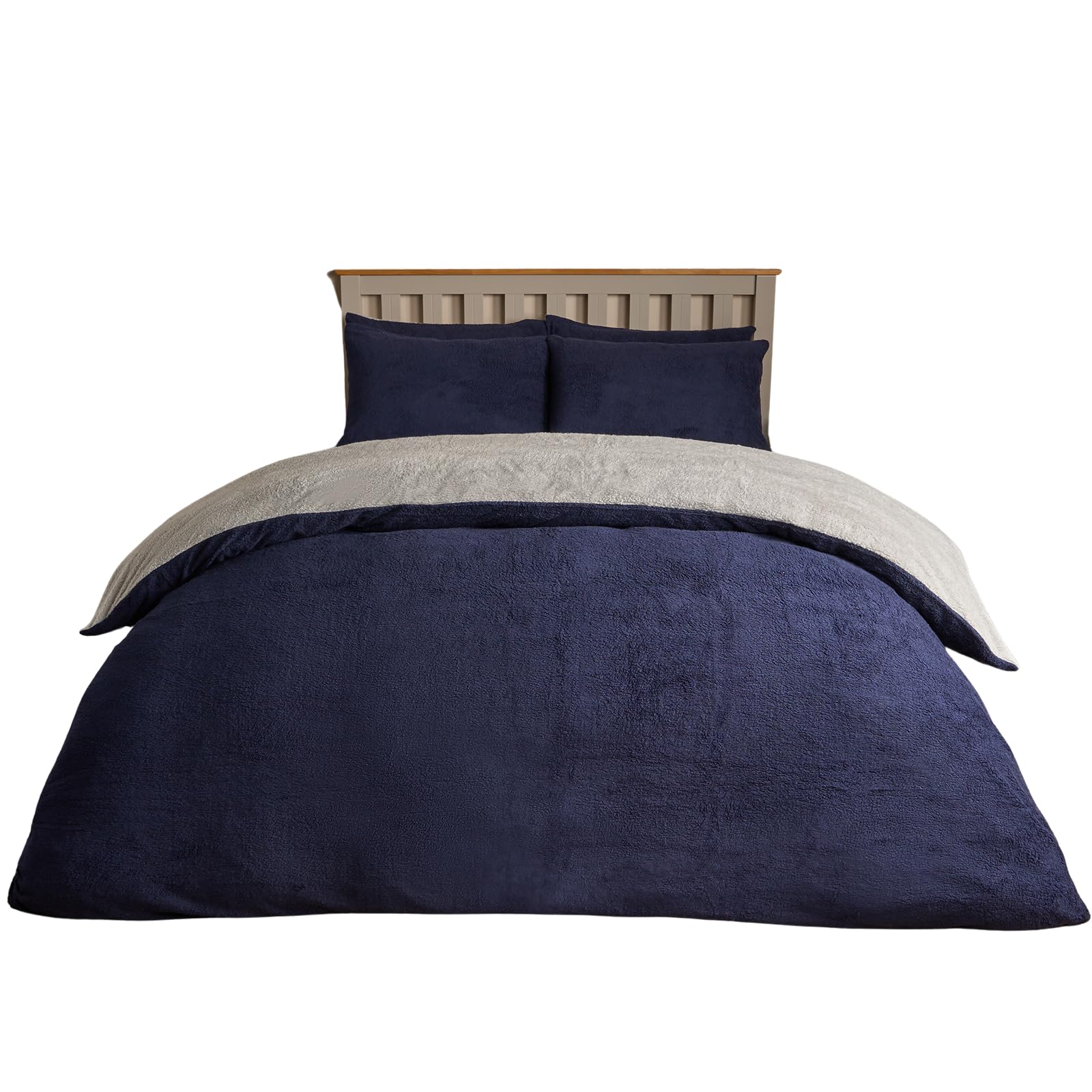 Brentfords Navy Grey Reversible Fleece Bedding Single, Teddy Fleece Duvet Cover With Pillowcase Ultra Soft Fluffy Thermal Warm Soft Bear Fleece Bedding Set - Navy/Grey, Single
