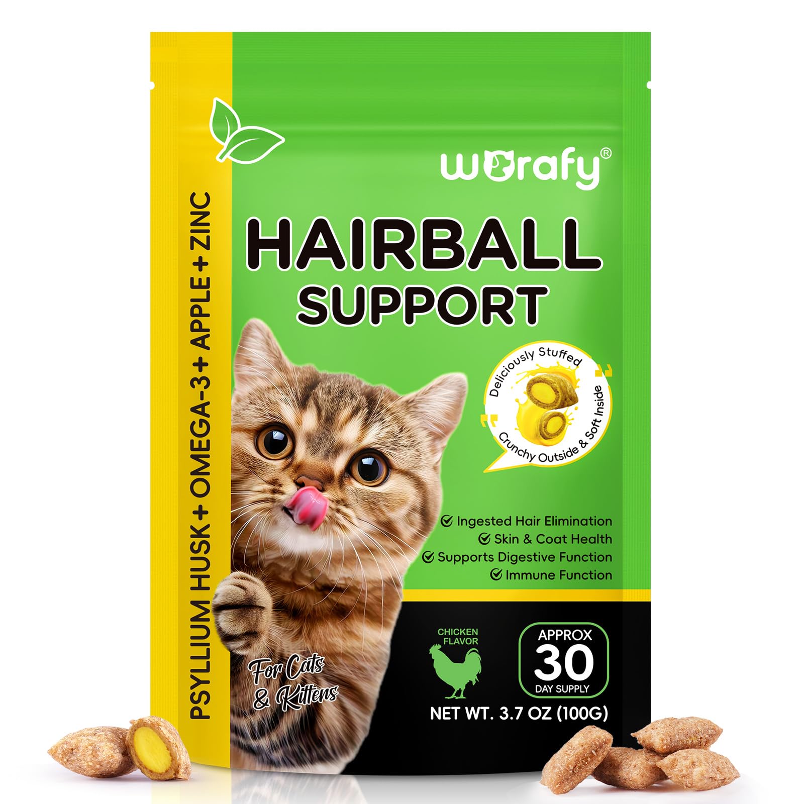 Cat Hairball Remedy Treats, Tasty Supplements to Help Prevent & Remove Hairballs, Supports Digestion, Skin & Coat Health, Chicken 100g (3.7 Oz)