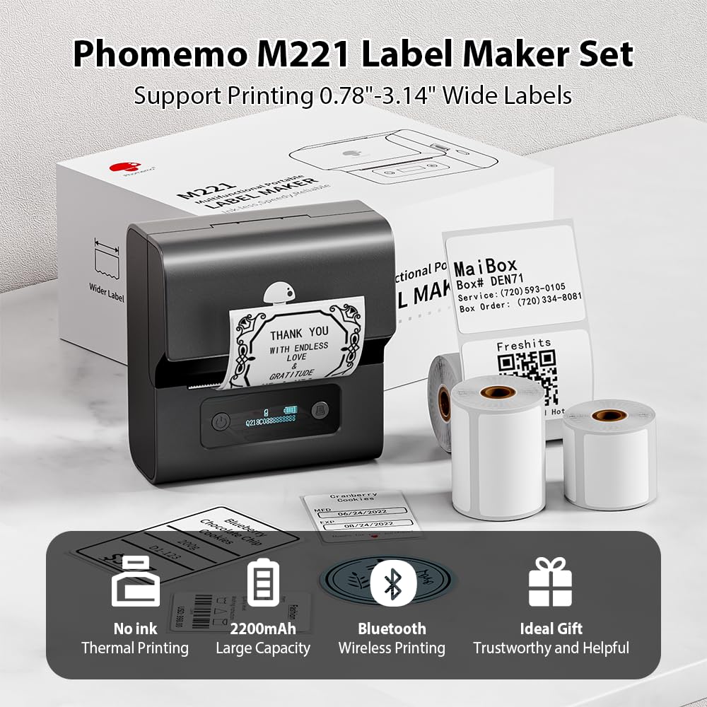 Phomemo M221 Imprimante d'étiquettes - Étiqueteuse Bluetooth Portable Imprimantes d'étiquettes Thermique avec PC IOS Android, pour adresse,code-barres,maison,bureau, avec 3 rouleaux d'étiquettes(Gris)